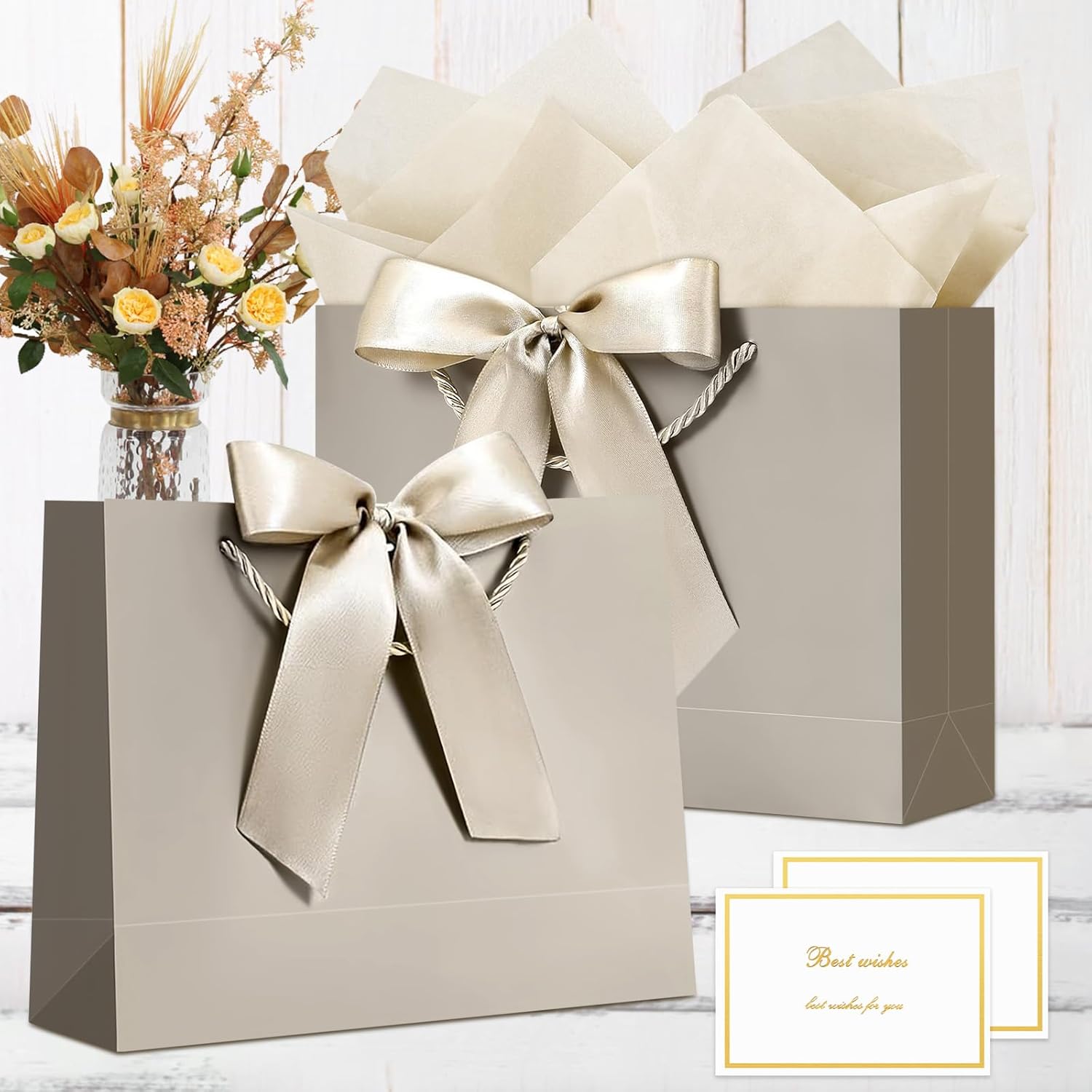 YoungTree 2PCS Medium Gift Bags with Ribbon and 2 Greeting Cards 4 Tissue Papers, Paper Birthday Gift Bags with Handles, Present Bags for Valentines Day Wedding Baby Shower Party Supplies (Champagne) - Image 2