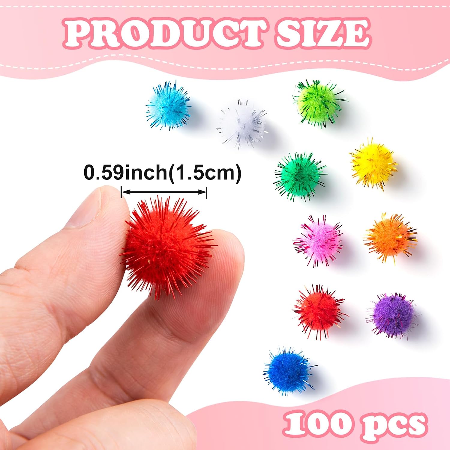 Incinkod 100 Pcs Sparkle Mini Pom Poms for Crafts, 0.59 Inch Soft Pompoms for Crafts, Small Pom Poms for Craft, Glitter Pom Pom Balls for Craft, DIY Decorations (Multicolor)