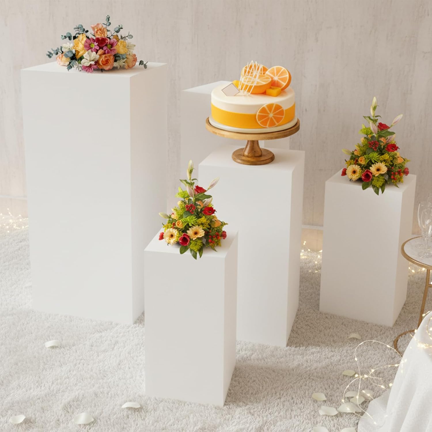 5PCS Metal Display Pedestal Stand for Parties, White Square Pedestal Display Plinth Pillars, Square Pedestals Cake Stands Pillars for Party Wedding Baby Shower Birthday Event Decor