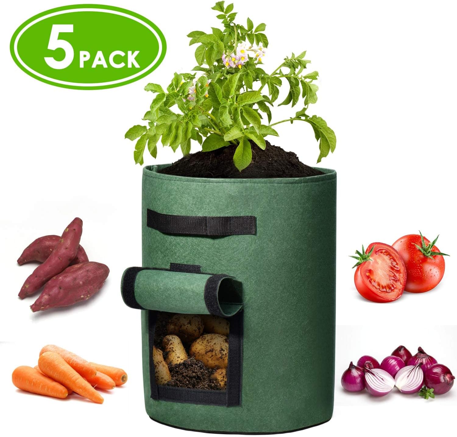 Delxo 5 Pack 7 Gallon Potato Growing Bags, Planter Garden Grow Bags with Flap, Double Layer Breathable Nonwoven Cloth for Planting,Vegetable,Tomato,Aeration Fabric Pots with Handles Green - Image 8