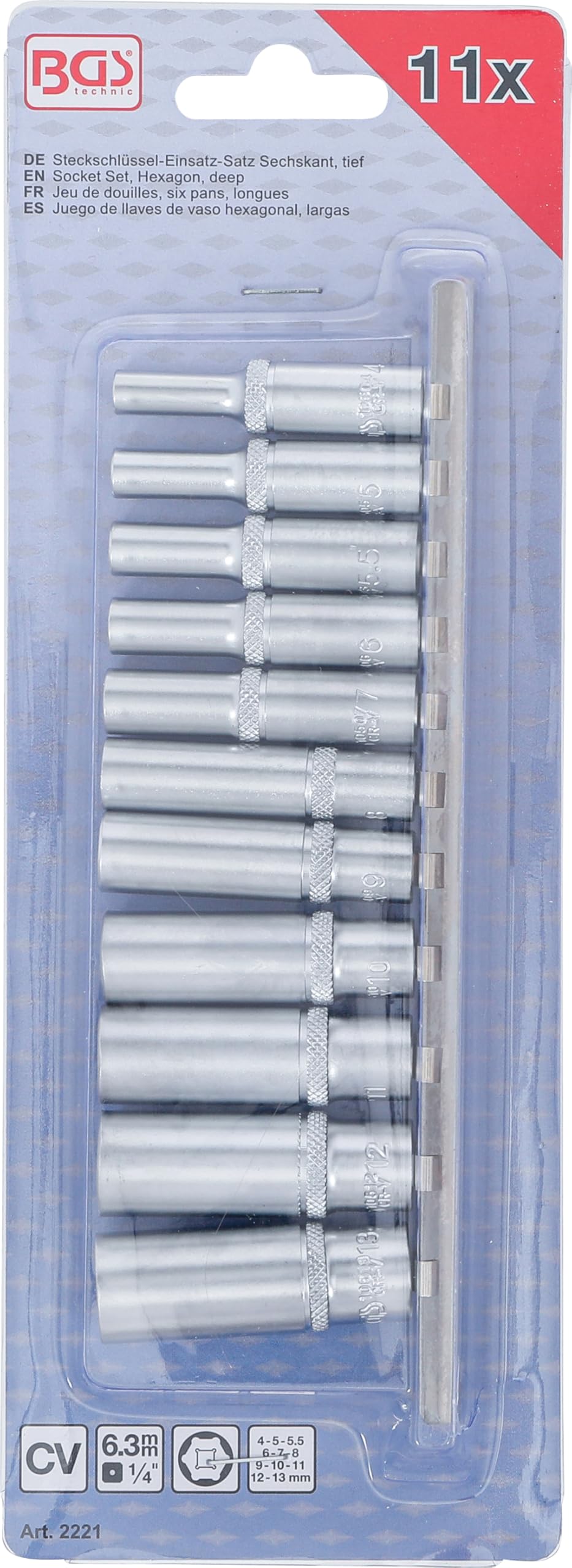 BGS 2221 | Serie di bussole esagonali, profonde | 6,3 mm (1/4") | 4 - 13 mm | 11 pz.