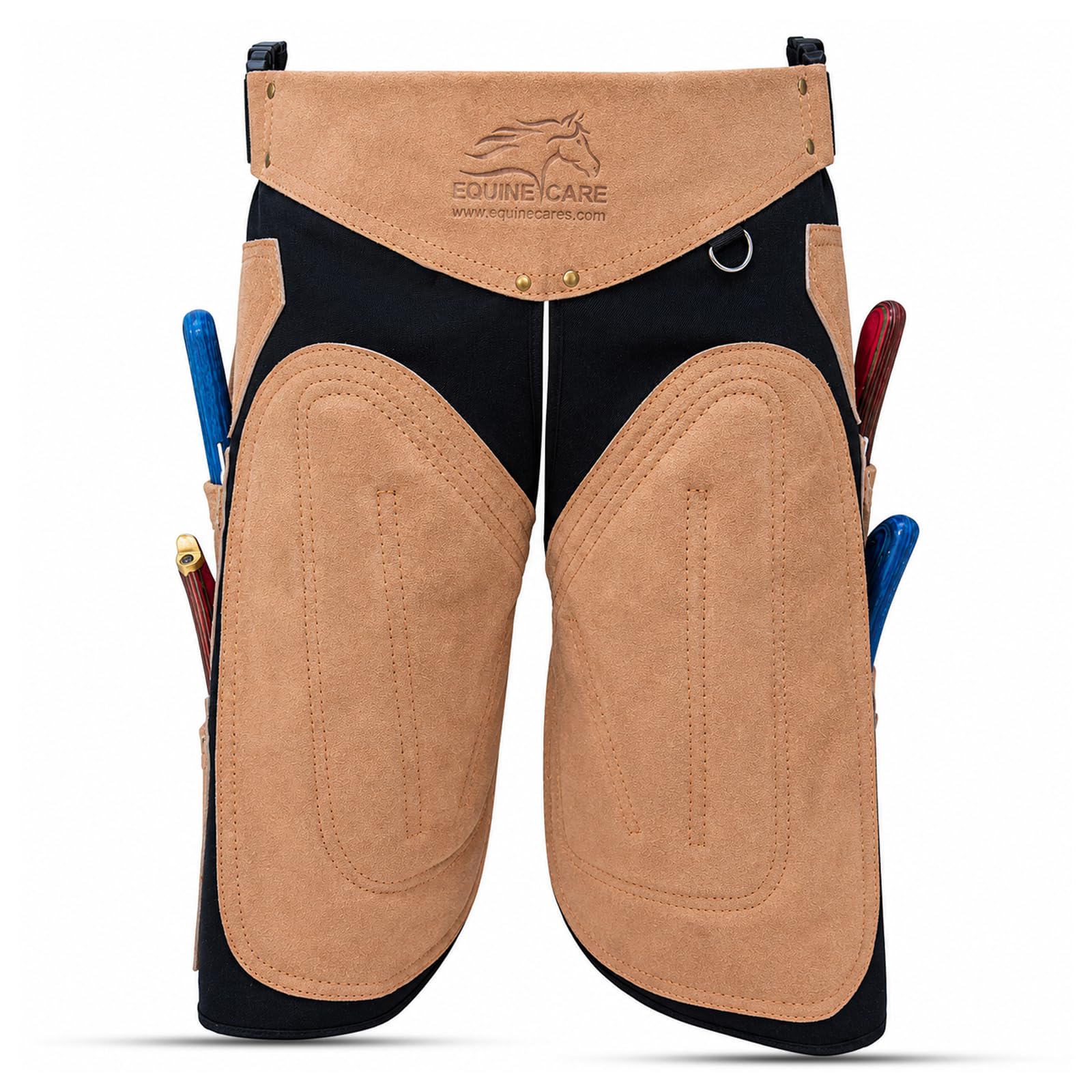 Equine Care Farrier Chaps 4 bolsillos para cuchillos e imán de uñas, delantal de cuero de gamuza y lona para zapatos de caballo (23 pulgadas-59 cm)