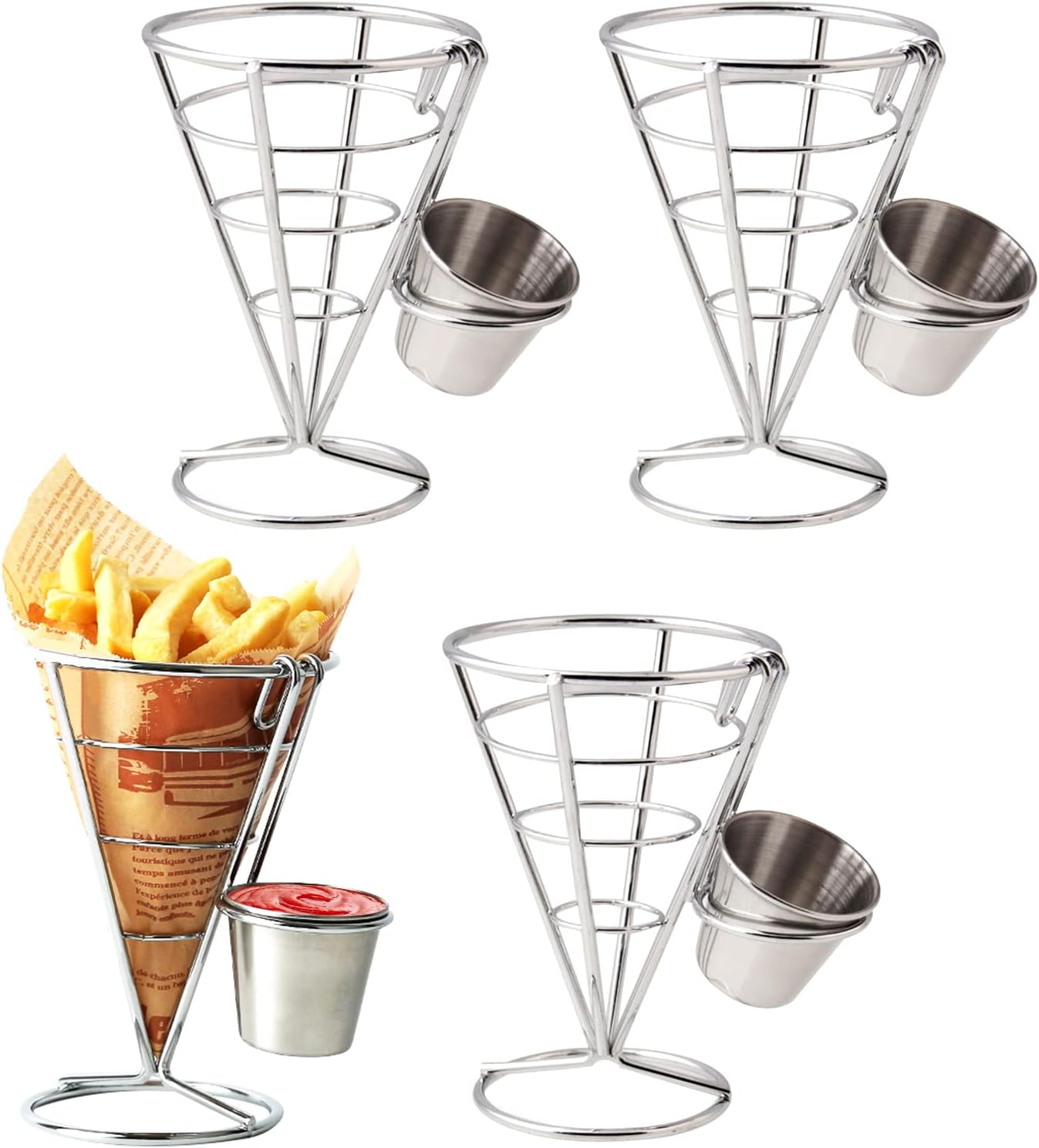 CNQLIS 4Pcs French Fry Holder French Cone French Fries Basket with Sauce Cup Metal Wire French Fry Holder for Food Ice Cream Holder/Buffet Dinner/Home Parties