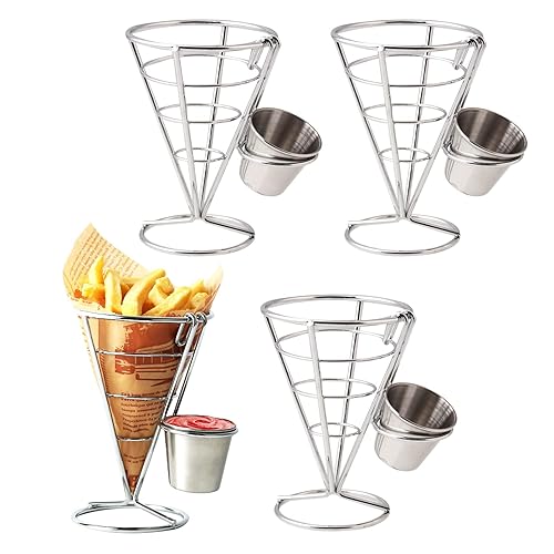 CNQLIS 4 soportes para papas fritas con cono francés, cesta con taza de salsa, alambre de metal, soporte para papas fritas para alimentos, soporte