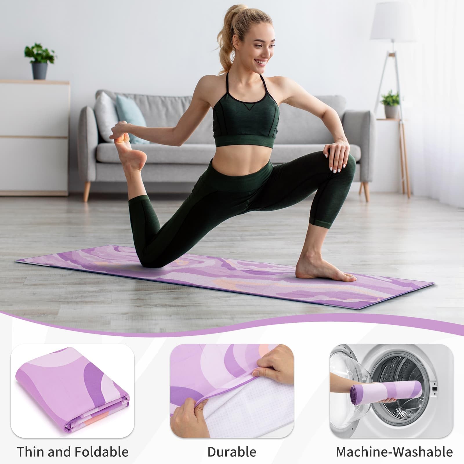 Asciugamano Microfibra per Tappetino Yoga Antiscivolo per Hot Yoga con Grandi Tasche Angolari, 188 × 66 cm, Viola