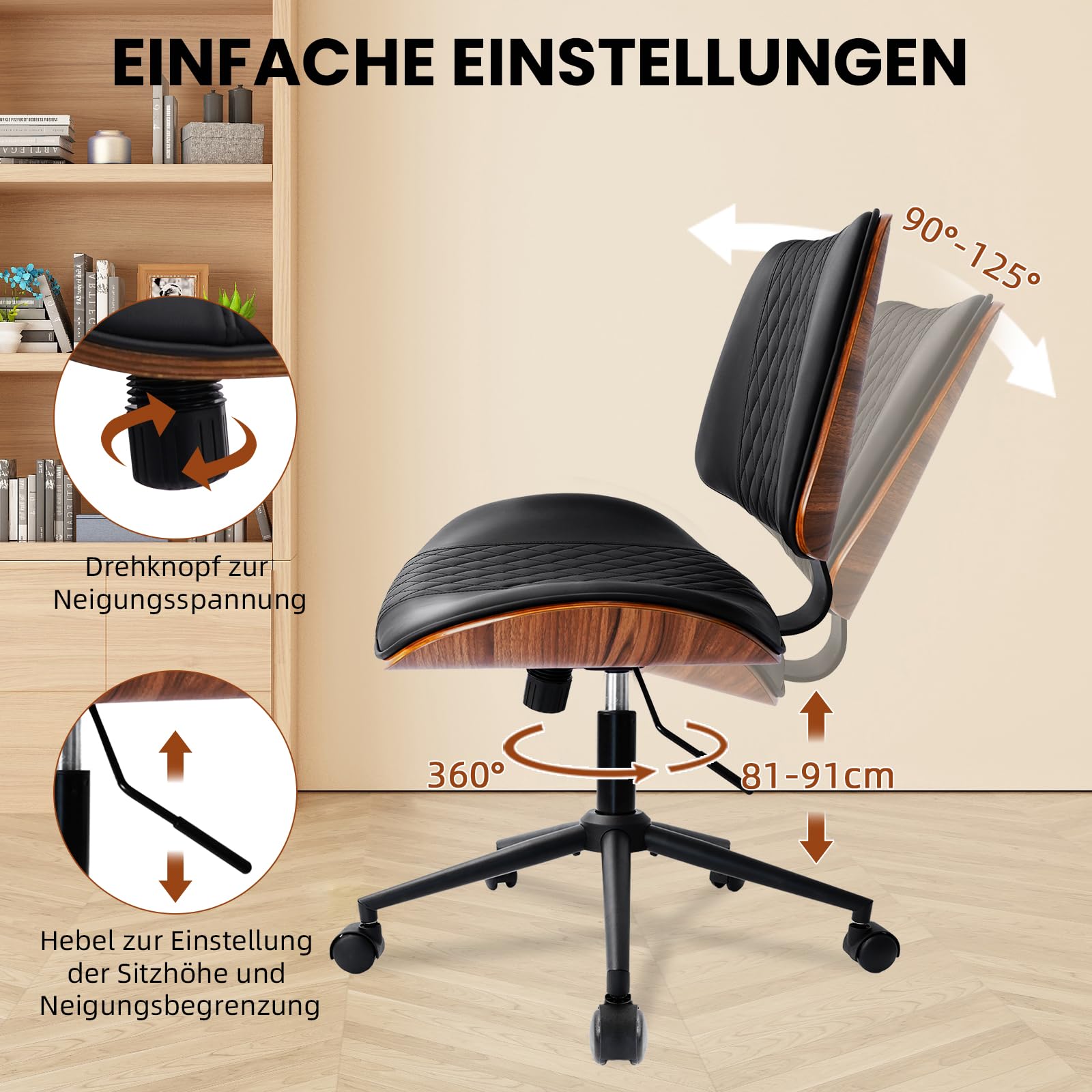 Durrafy Bürostuhl ohne Armlehnen, PU-Leder Schreibtischstuhl mit Walnusssockel, Moderner Drehstuhl für Homeoffice, höhenverstellbar mit Wippfunktion, bis 136 kg belastbar, 360° drehbar, Schwarz-Braun