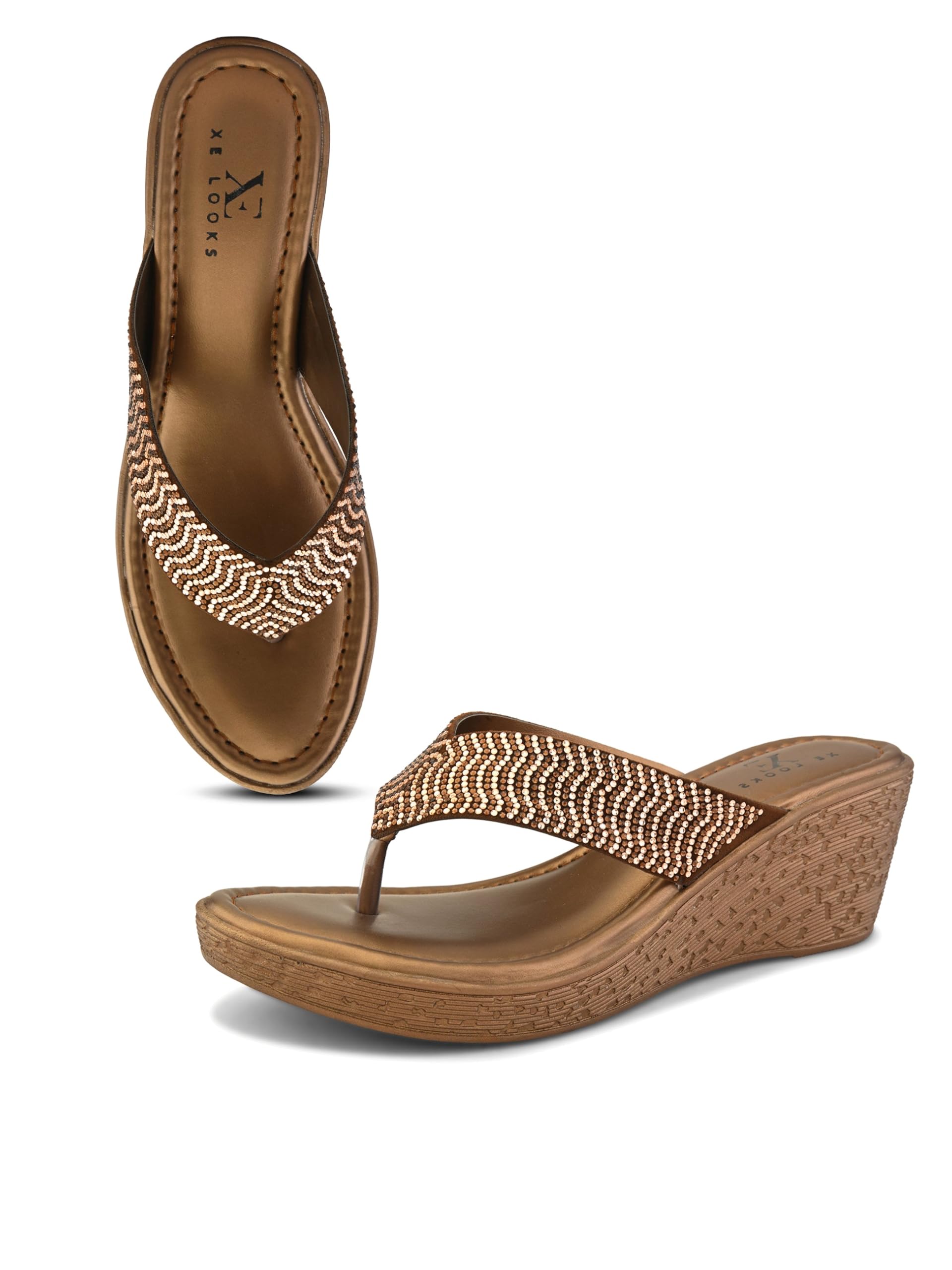 Wedge Thong Sandals for Women | Pleated Upper Strap with Subtle Rhinestone Embellishments | Cushioned Footbed & Slip-On Low Wedge Heel | Lightweight All-Day Comfort-image-11