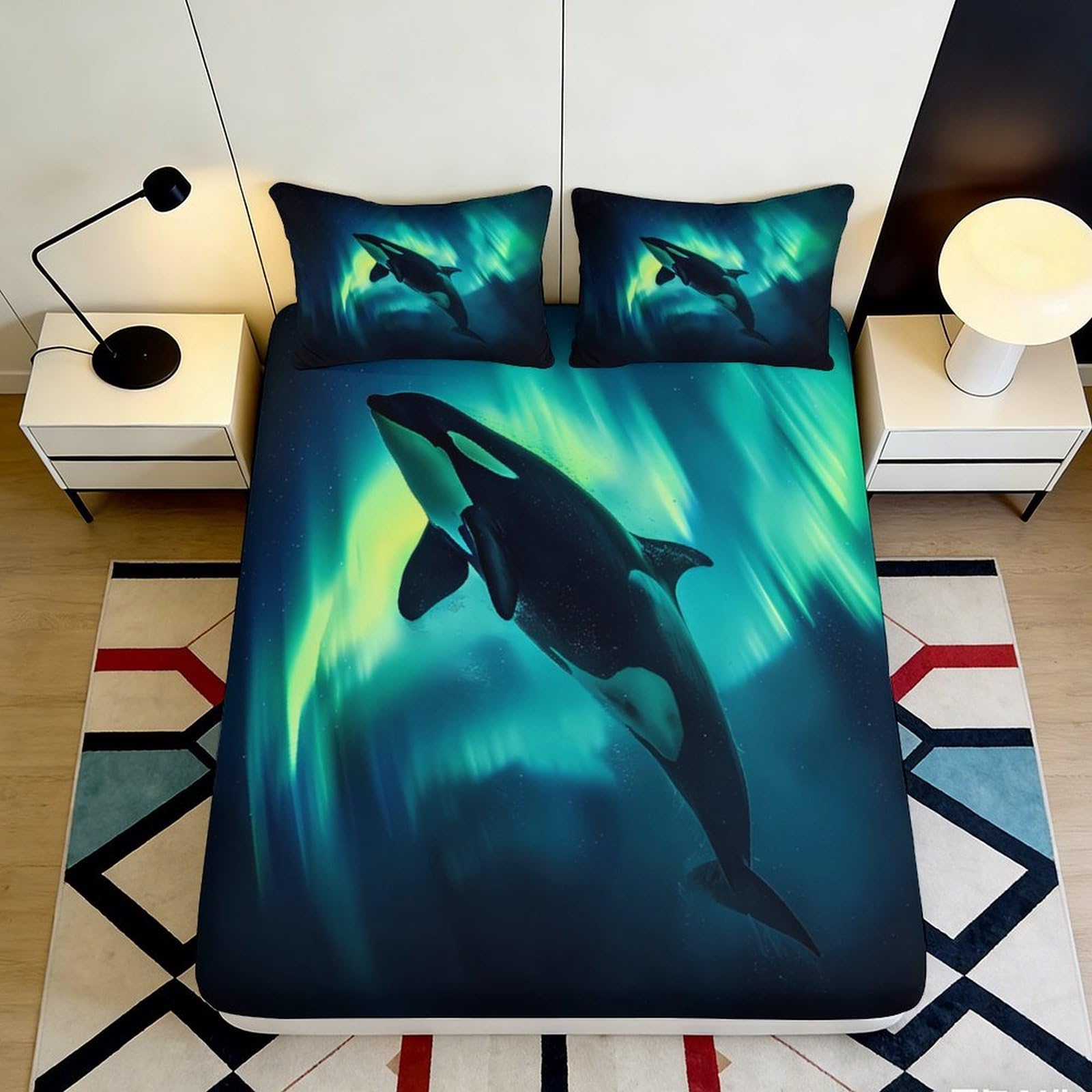 3D Printed Orca Whale Fitted Sheet Microfiber Soft Durable Northern Lights Bed Cover for Bedroom Dormitory Guest Room Mattress Protection 120x200x25cm