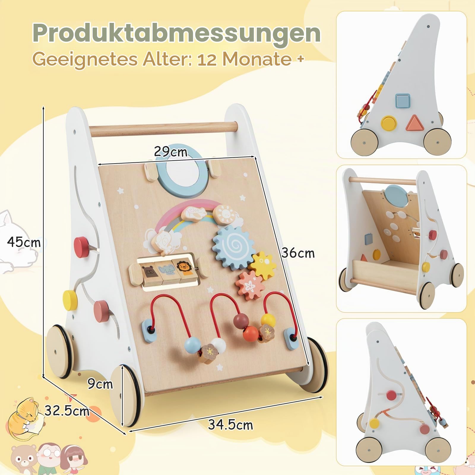 FANTASK 7 in 1 Lauflernwagen aus Holz, Lauflernhilfe mit Aufbewahrungsbox in Weiß, Montessori Baby Walker mit Spielbrett, Spiegel & Bauklötzen, Jungen und Mädchen ab 1 Jahr
