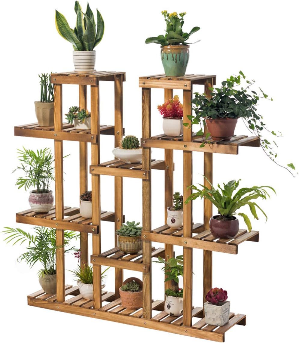 Plant Stand Holder Shelf 9 Tiers Carbonized Wood Plant Display Rack, Stand Shelf, Flower Pots Holder Storage Organizer Rack for Gardening Patio Balcony, Indoor Outdoor Office