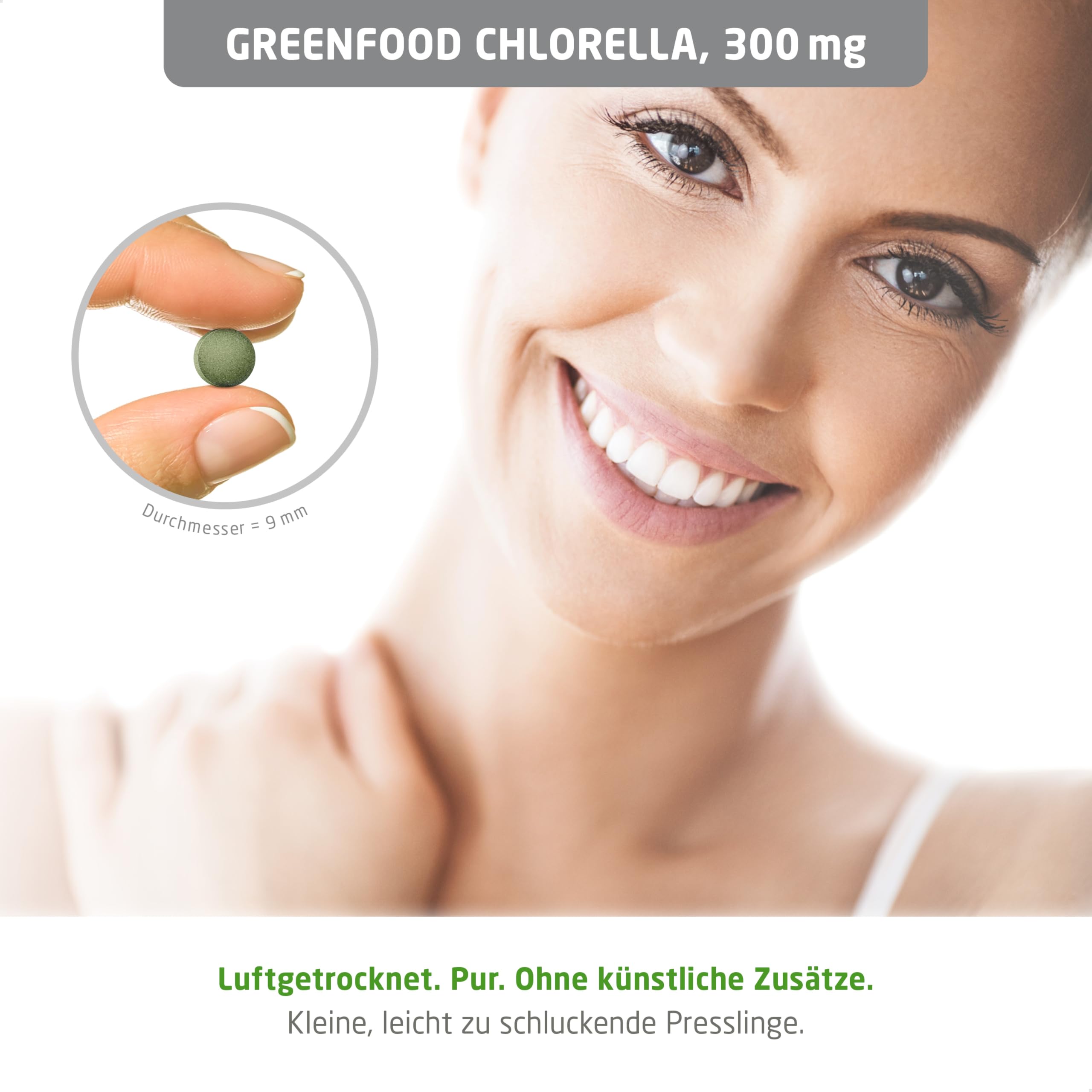 Chlorella Tabletten, hochdosiert, 300mg - 360 Presslinge, vegan. Luftgetrocknet - reich an Chlorophyll, Vitaminen & Mineralstoffen. OHNE künstliche Zusätze - laborgeprüft. Von Greenfood.
