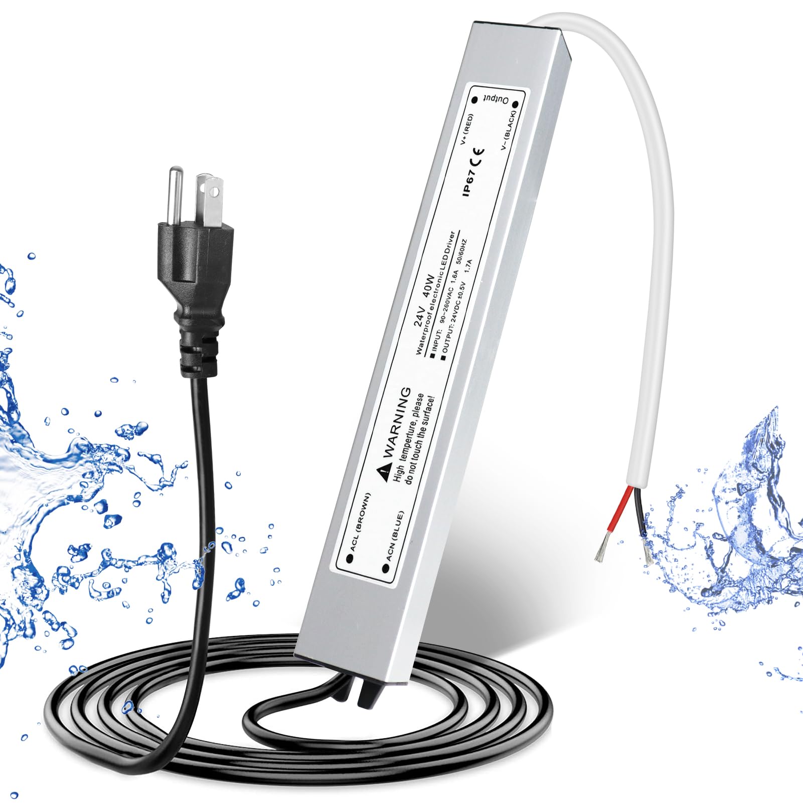 24V 40W LED Power Supply, Waterproof IP67 LED Driver, AC 110V to DC 24 Volt Low Voltage Transformer with 3-Prong Plug 3.3 Feet Cable for Indoor
