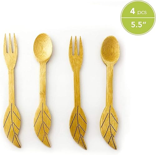 Miniatura 6 de JB Home Collection 4580 Cucharas y tenedores reutilizables de bambú para aperitivo, frutas, postres, helado, yogur, especias, sal, azúcar, té verde,