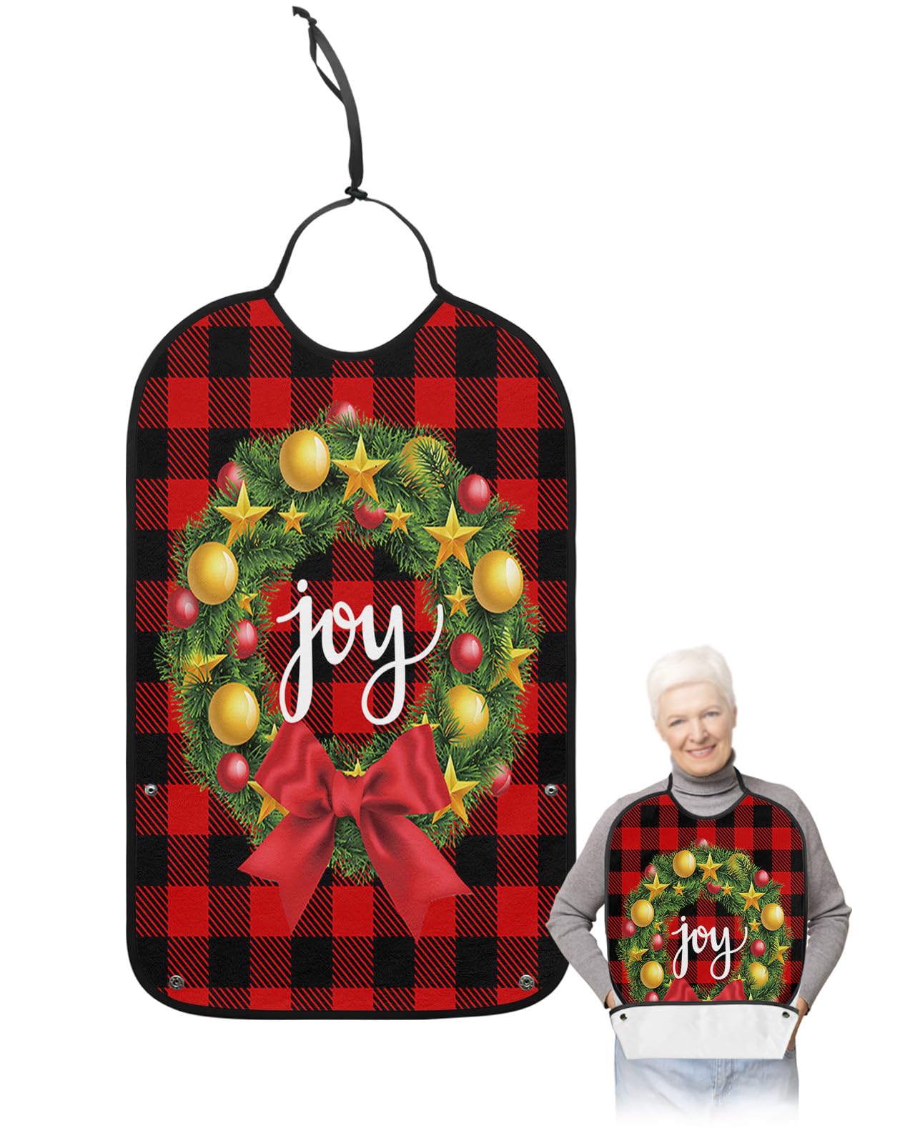 LEOKOTI Christmas Wreath Adult Bibs for Eating, Waterproof Bibs with Food Catcher & Adjustable Snap Closure, Joy Red Black Buffalo Plaid Washable Clothing Protectors Adult Bibs for Elderly Women/Men
