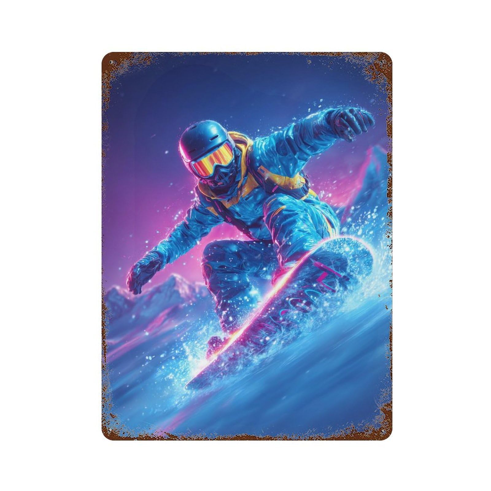 Vintage Rust Metal Sign Neon Snowboarder in Action 15.7"x11.8", Retro Wall Decor for Patio, Garden Room And Bar Decor