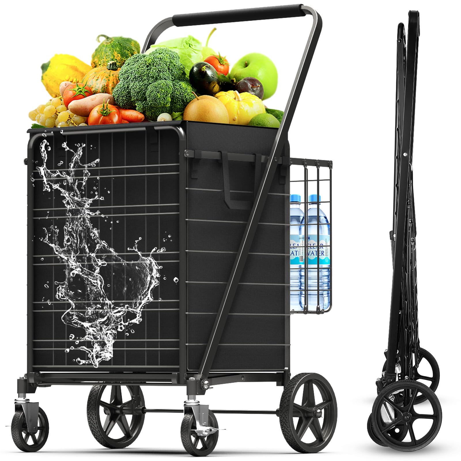 XING LANG 5.0 Cu Ft Folding Shopping Cart - 480 LB Capacity Grocery Cart with 360° Braked Swivel Wheels - Heavy Duty Utility Cart with Double Basket &