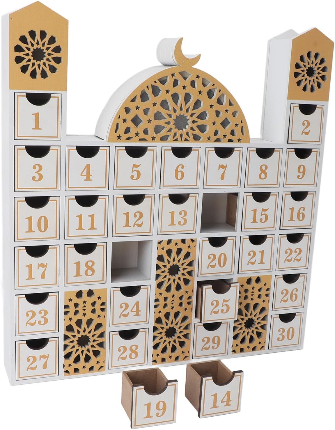 Ramadan Countdown Calendar, Mosque Shape Wooden Advent Calendar with LED Light Ramadan Crafts for Home Wall Decoration