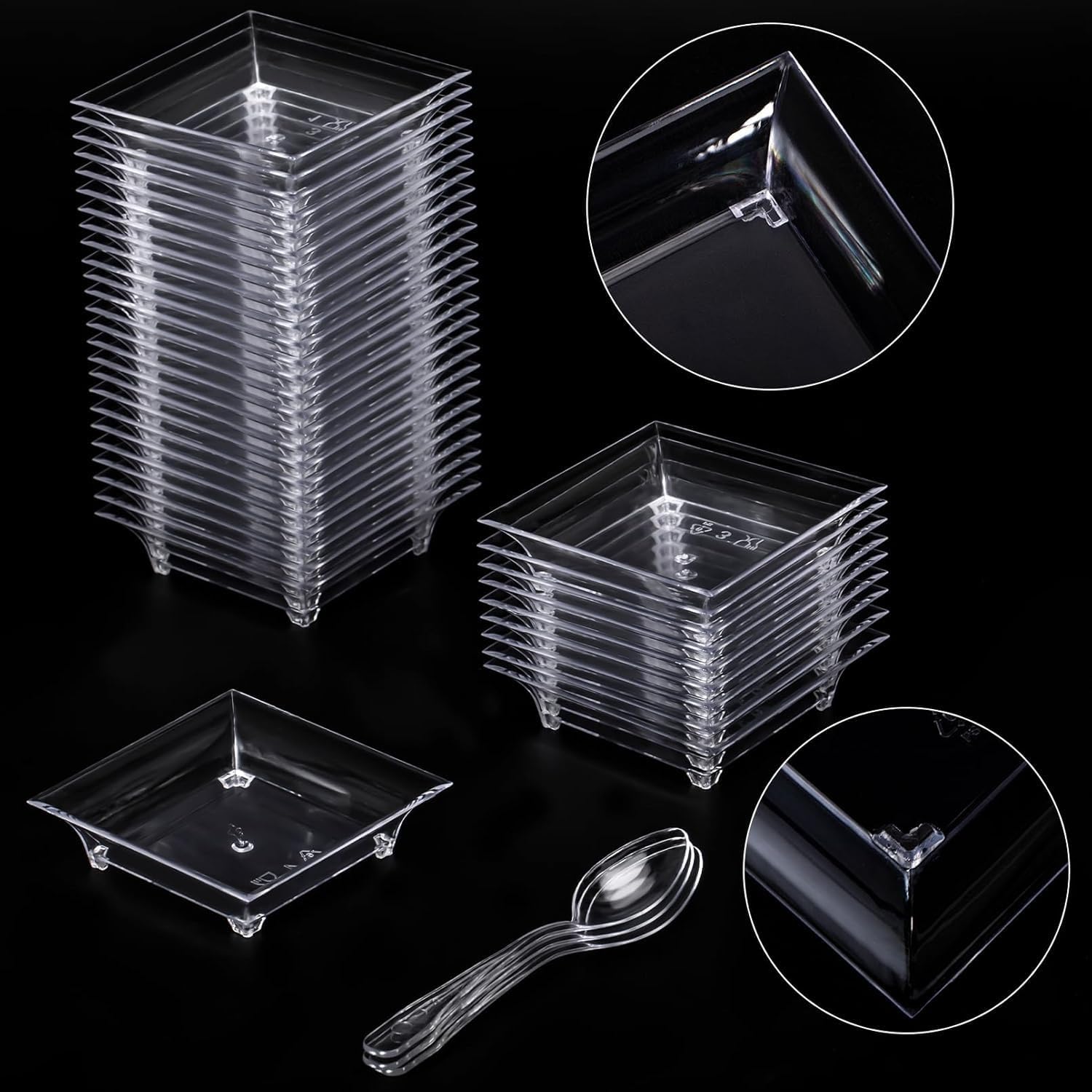 KAHEIGN 100 Pezzi Piatti da Aperitivo in Plastica con Cucchiai, 6CM Piatto Quadrato per Degustazione Dessert Ciotole Trasparenti per Antipasti Parfait Piatti da Portata Riutilizzabili per Campione