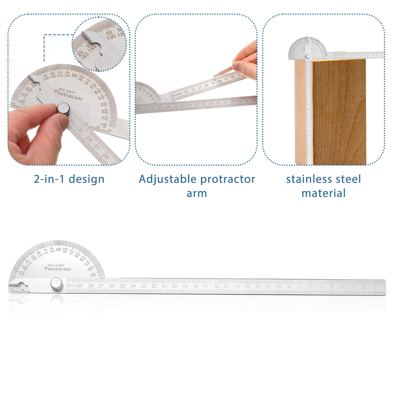Goniometro in acciaio inox 0-180° regolabile 30 cm