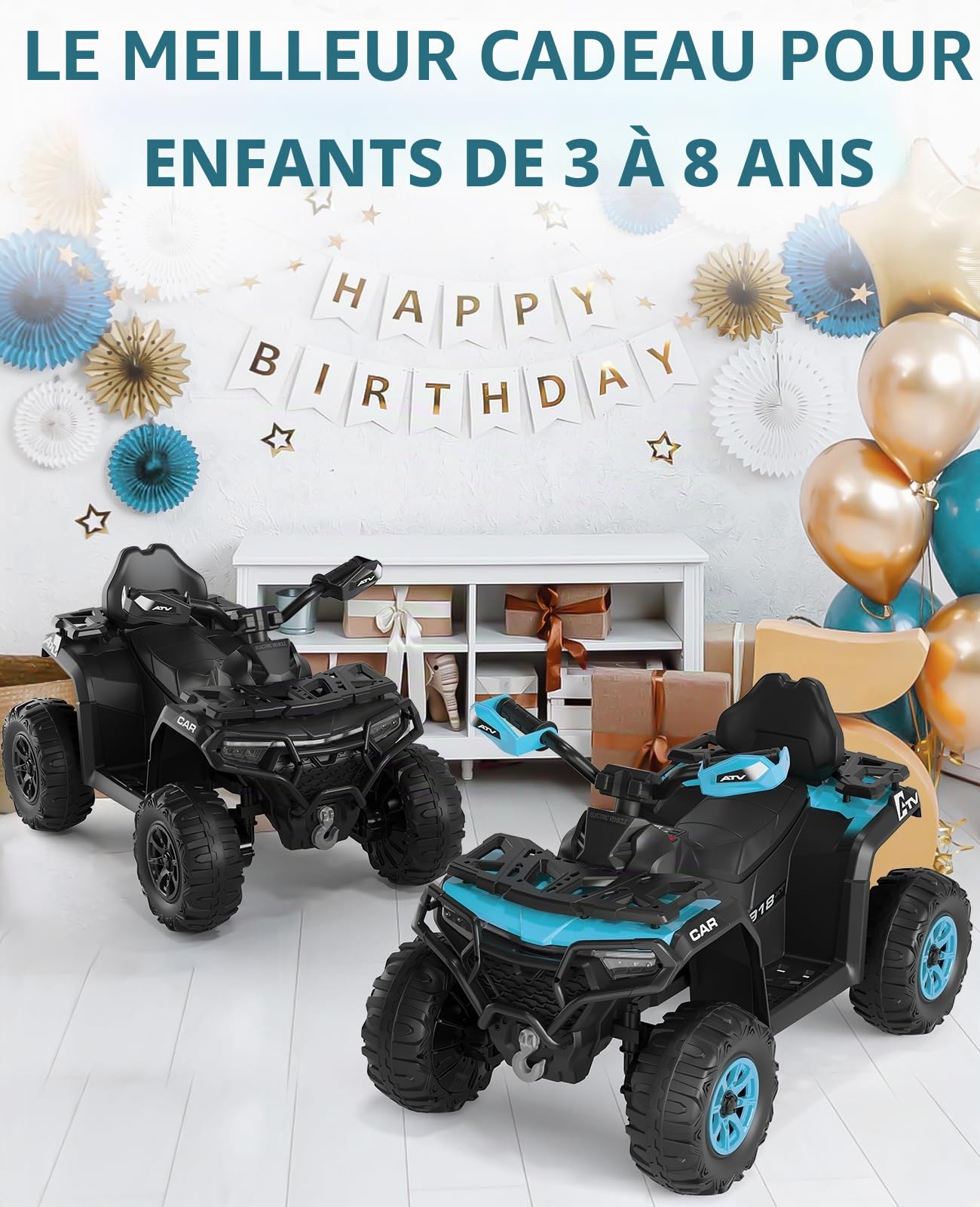 Voiture Électrique pour Enfants 12V, Quad Électrique Enfants, Batterie Rechargeable, LED Et Musique, Port USB, Connexion sans Fil, Vitesse 3km/h, 3-8 Ans, Bleu Turquoise