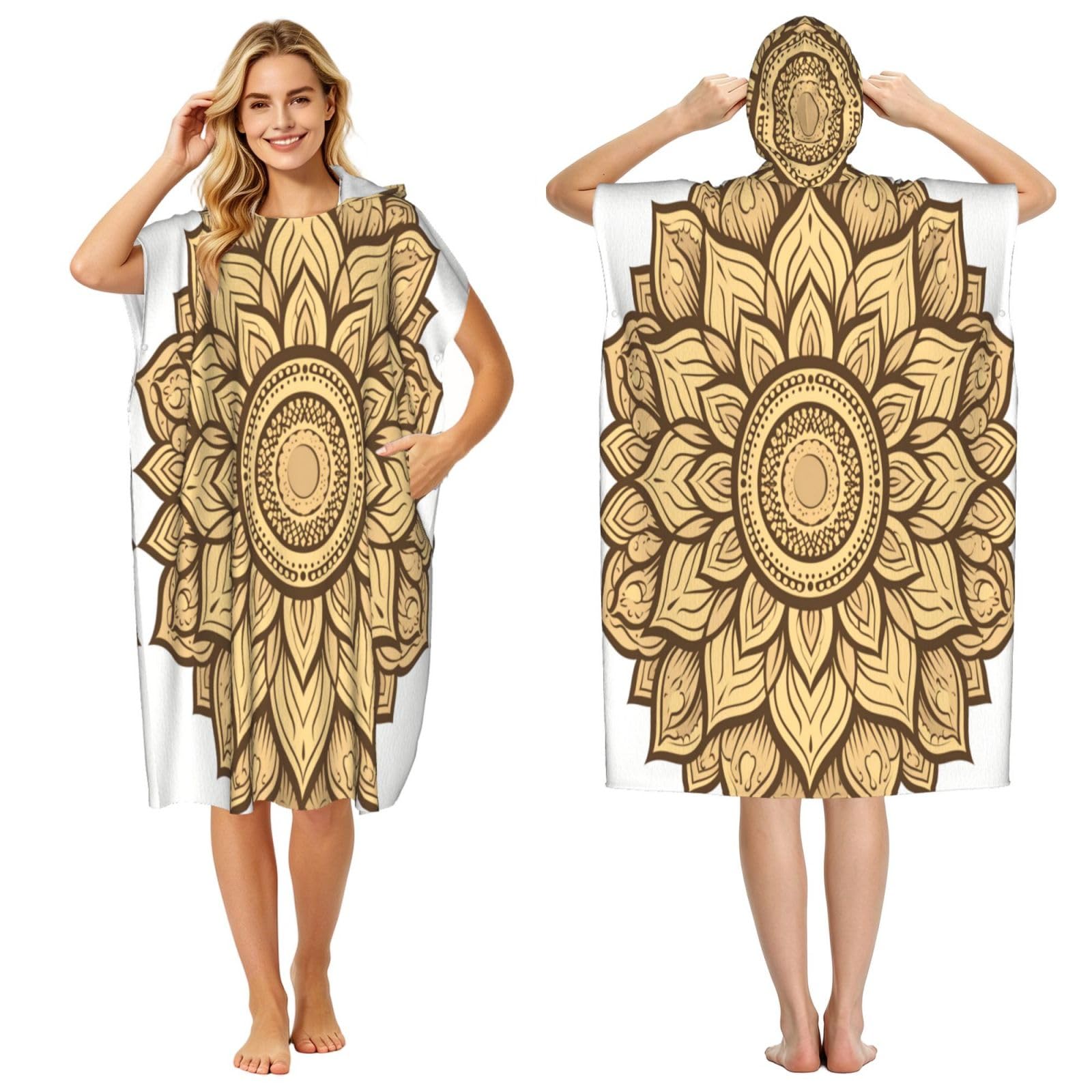 KLGRTJHK Mandala Sunflower Adult Hooded Beach Poncho Towel 43"X35"