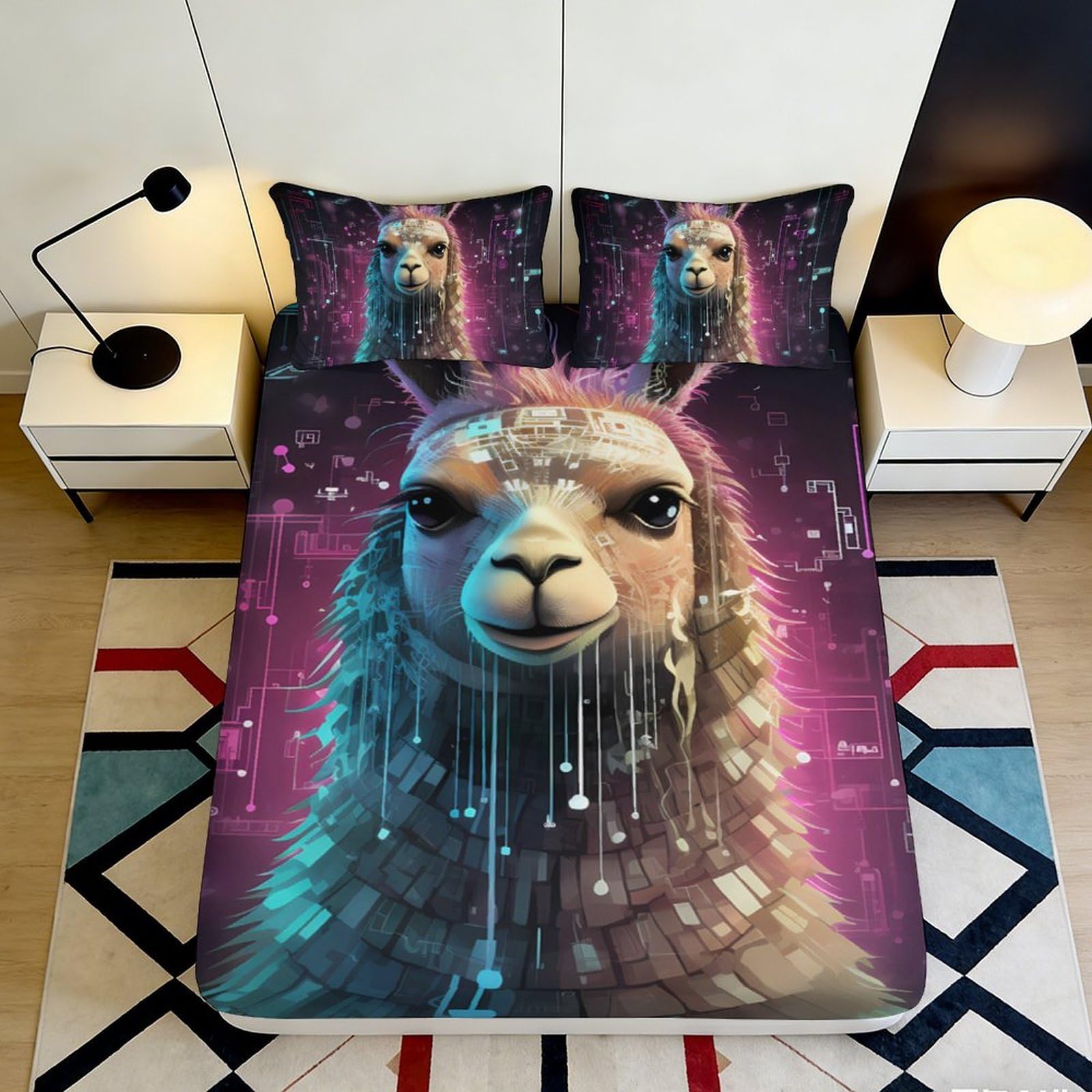 3D Printed Galaxy Llama Fitted Sheet Microfiber Deep Pocket Non-Slip Galaxy Llama Mattress Fitted Cover for Bedroom 200x200x25cm