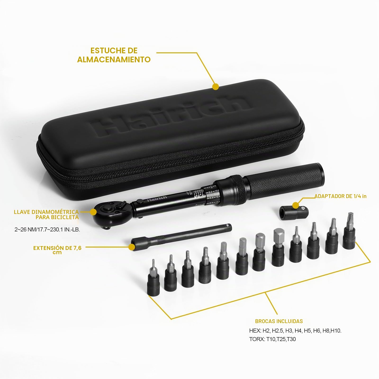 Hairich Llave Dinamométrica para Bicicleta y Moto, 1/4", Juego de 15 Piezas con Puntas Hexagonales y Torx, Rango de 2-20 Nm, con Barra de Extensión, Llave de Par para Bicicleta de Carretera
