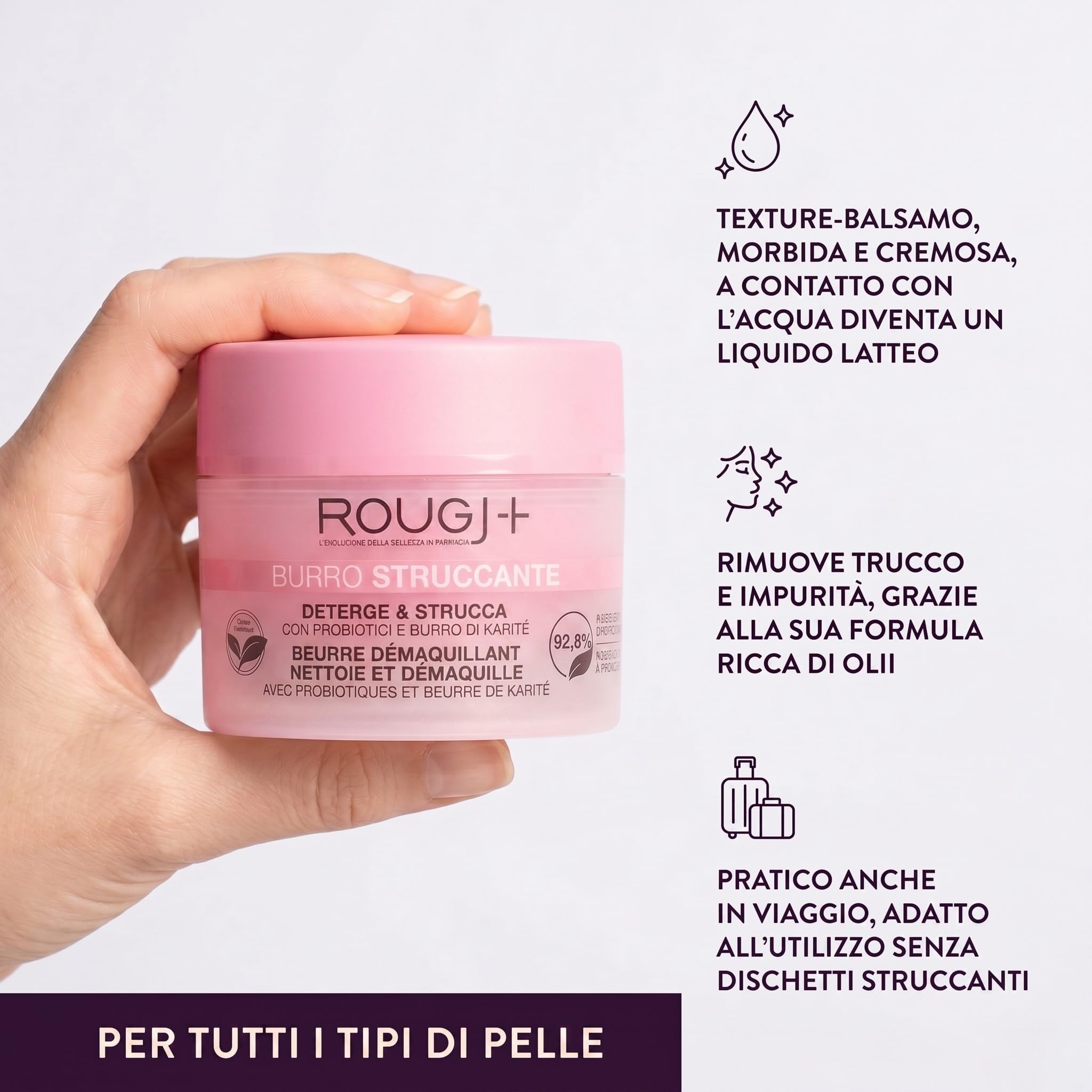 BURRO STRUCCANTE ROUGJ - Burro Struccante Viso e Occhi, Detergente Trucco Waterproof Texture Balsamo Trasformabile, Formula Oleosa Nutriente con Karité Mandorle Vinacciolo - Made in Italy