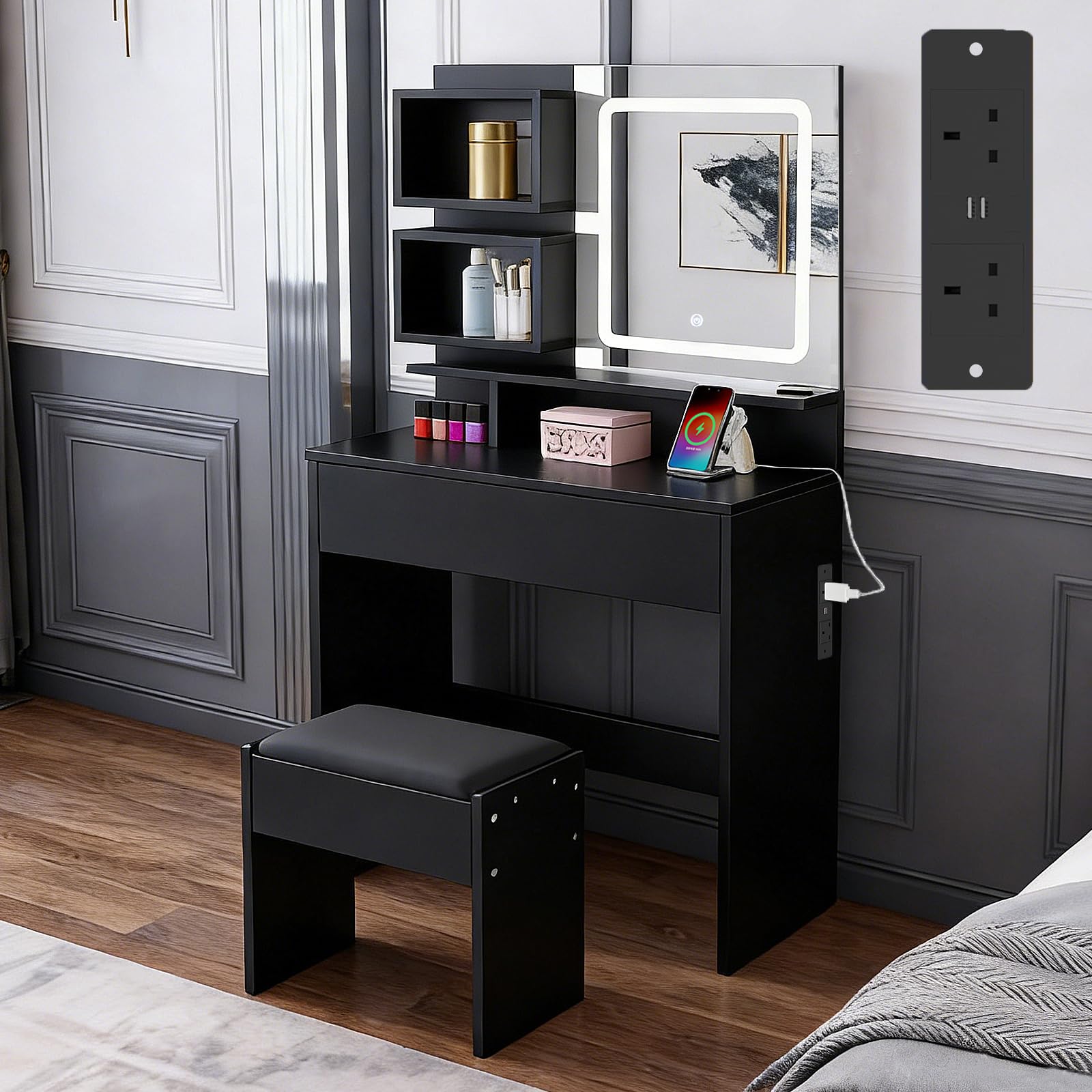 Komtopod Dressing Table with Mirror and Stool, USB Power Outlets Vanity Desk with Mirror and Drawer, Vanity Table with Large Desktop, Black Makeup Desk