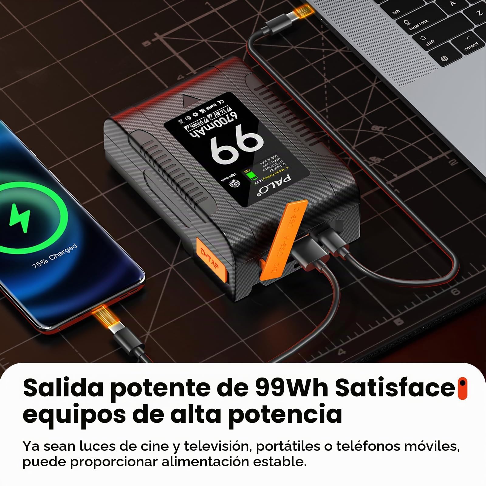 Batería V-Mount 99Wh 6700mA 14.8V, PD65W USB-C Battery V-Mount Carga rápida con Pantalla OLED, USB-C/BP/Dual D-Tap (Entrada/Salida), Salida DC/USB-A (PD65W) para cámara videocámara