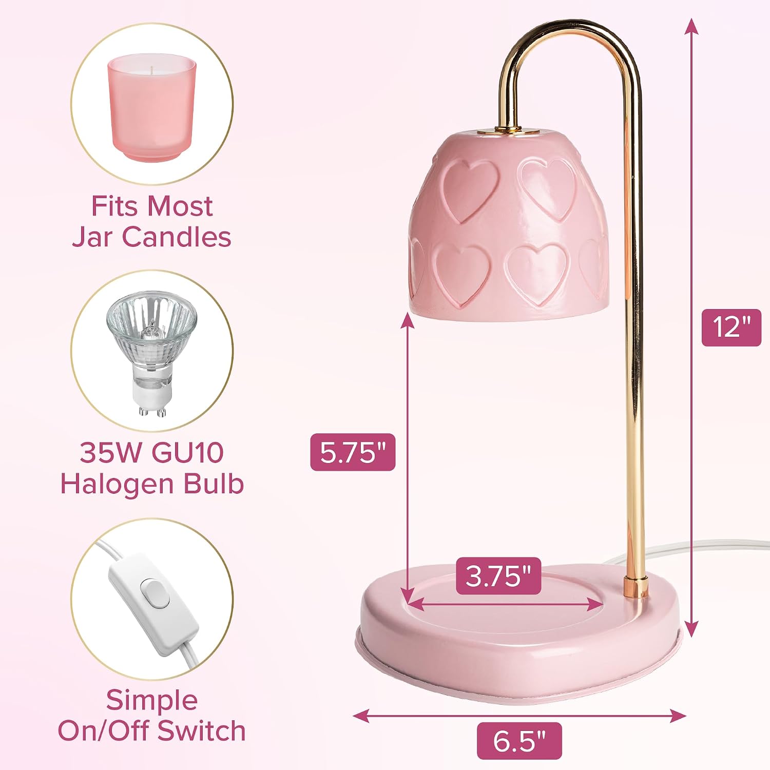 Paris Hilton Candle Warmer Lamp for Jar Candles, Electric Candle Lamp Warmer with 35W GU10 Bulb, Pink Debossed Hearts Shade and Gold-Finish Stem, Pink