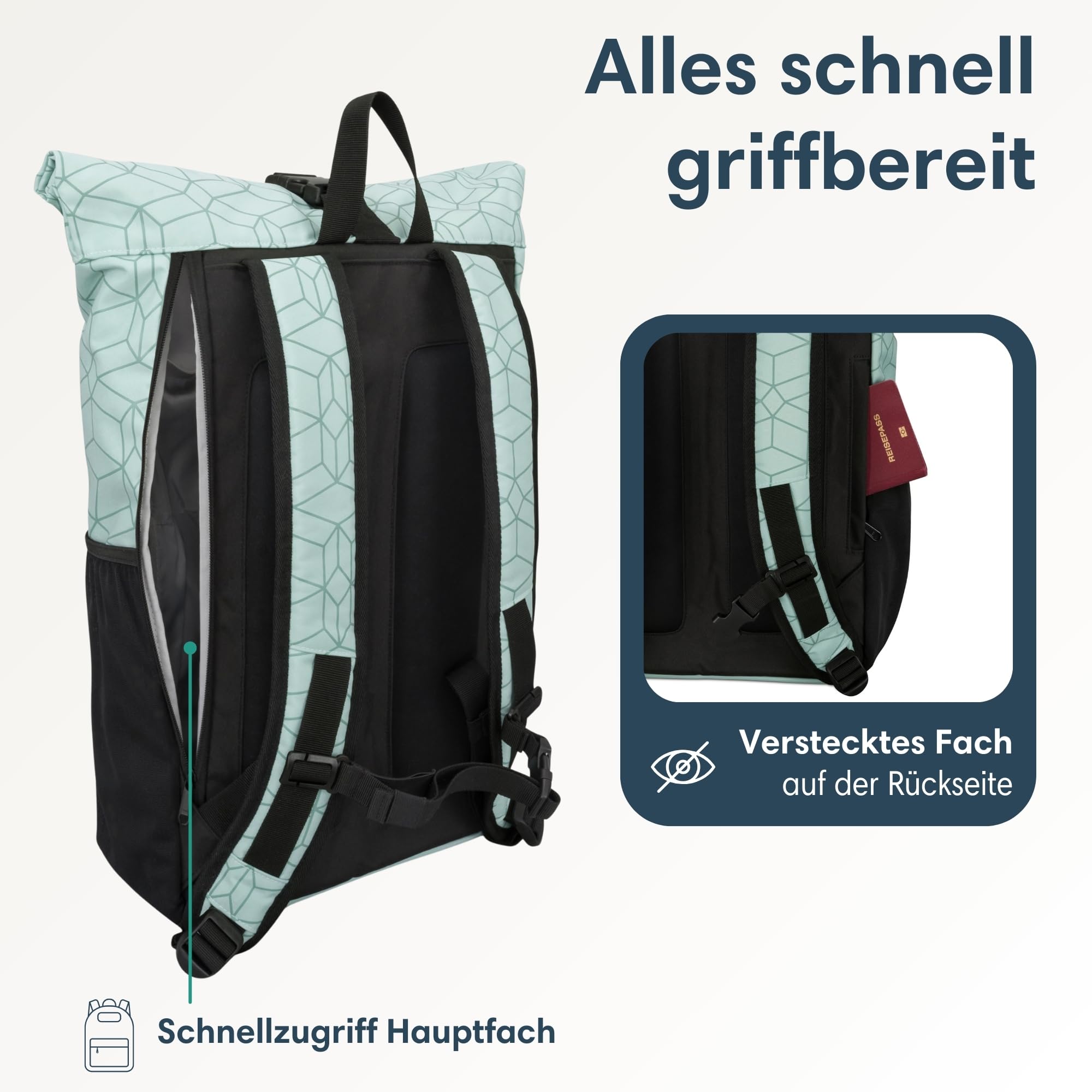 LARKSON Rolltop Rucksack Damen Groß Mint - No 2 - Daypack für Schule, Uni, Fahrrad - 16 Zoll Laptop Fach für Arbeit - Nachhaltig - Anti-Diebstahl - Wasserabweisend