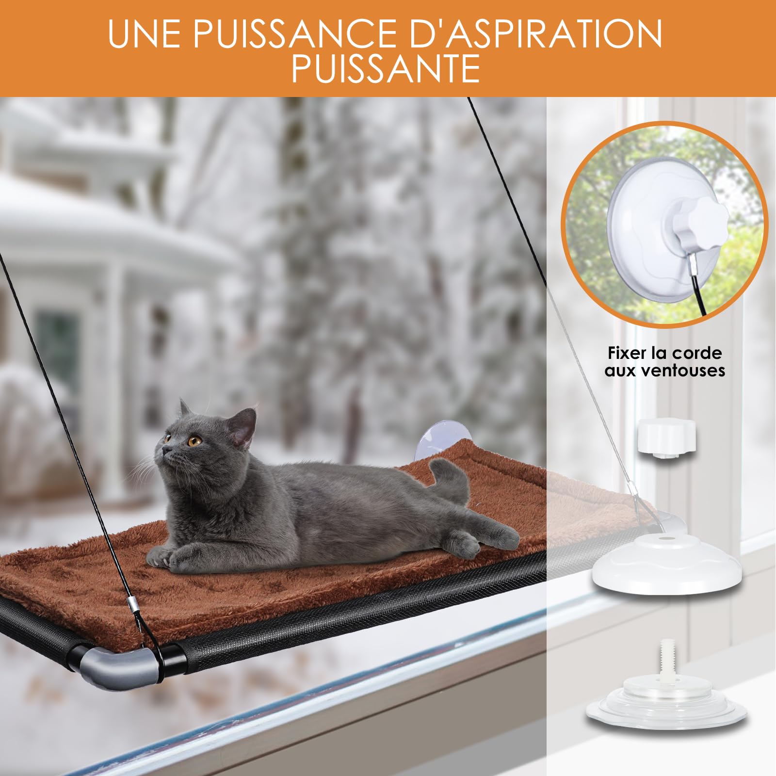 Zvonema Hamac Chat Fenetre jusqu'à 10kg, Hamac pour Chat avec Ventouse Puissante, Couverture Marron & Cadre en Acier Inoxydable, Facile à Installer Supporte,67 x 38 cm