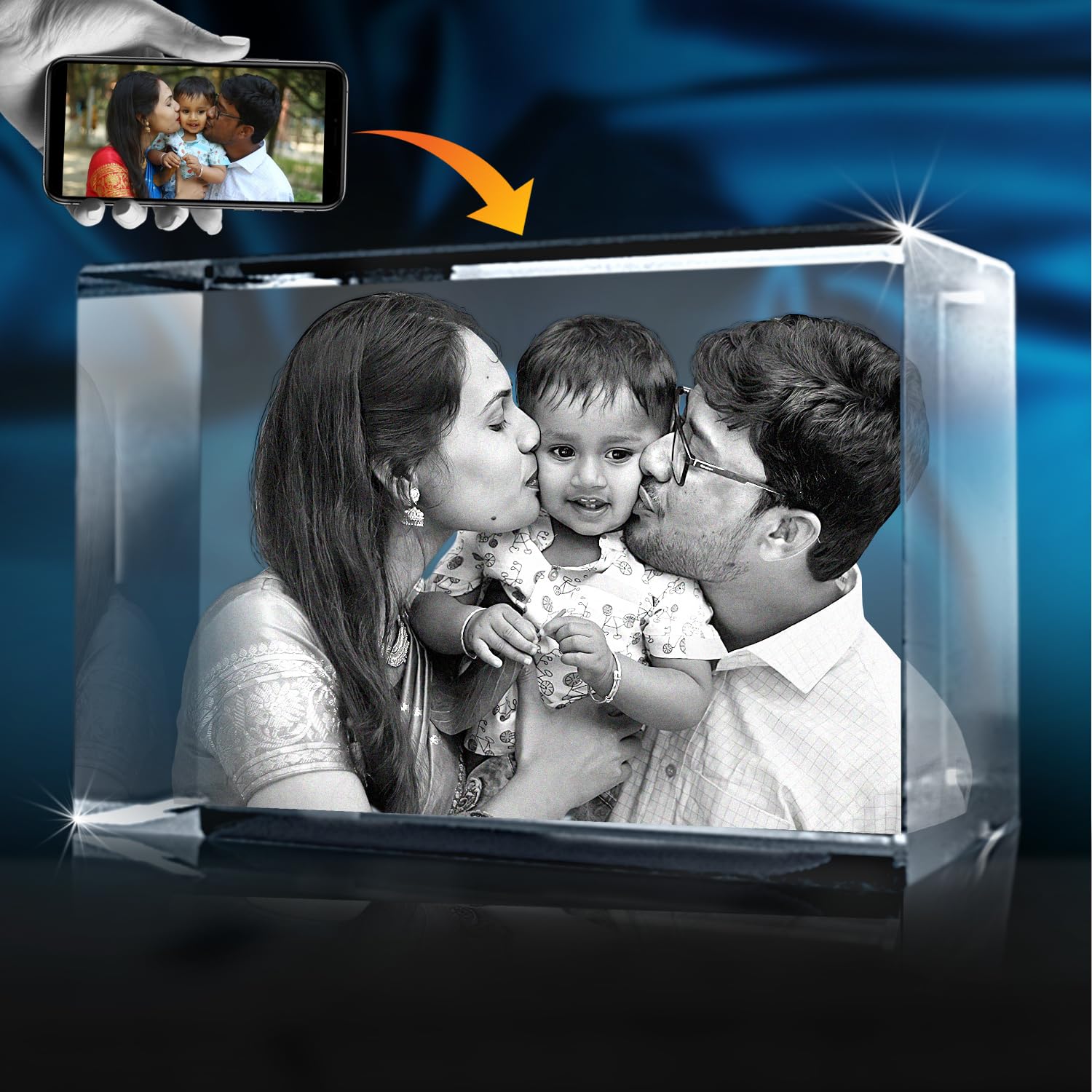 UNIQUE MINIATURE,Personalized Crystal Cube with 3D Laser Engraving and with Multicolor LED Light Base Surprise Premium Gift for Any Occasion ( 12 X 6 X 6 ) cm Size.