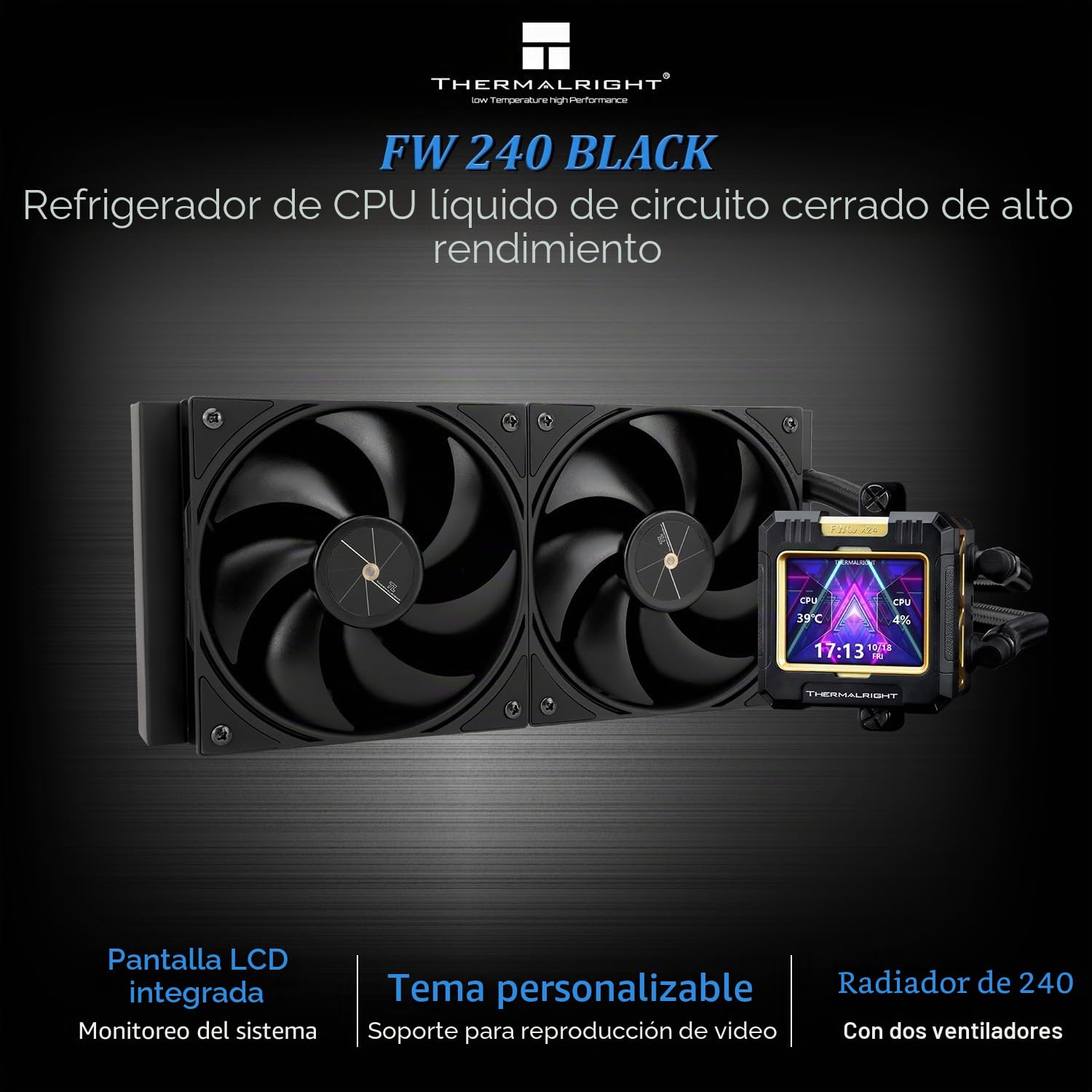 THERMALRIGHT FW 240 Negro CPU refrigeración por agua con 2 ventiladores PWM, pantalla LCD IPS 320 x 240, refrigeración AIO 240, enfriador líquido para CPU AMD/Intel PC Aio: AM4/AM5/LGA1700