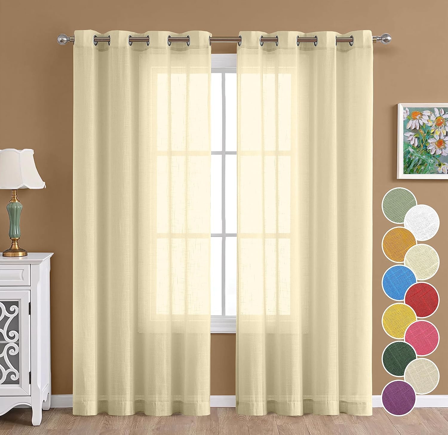 THE LINEN COMPANY Cotton Linen Solid Long Door Curtain Set with Steel Eyelet Rings- 4.5 x 9 Feet (Set of 2 -Butter Cream)