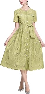 Women's Elegant Hollow Embroidery Dress Round Neck Short Sleeve Casual Wedding Party Midi Dresses