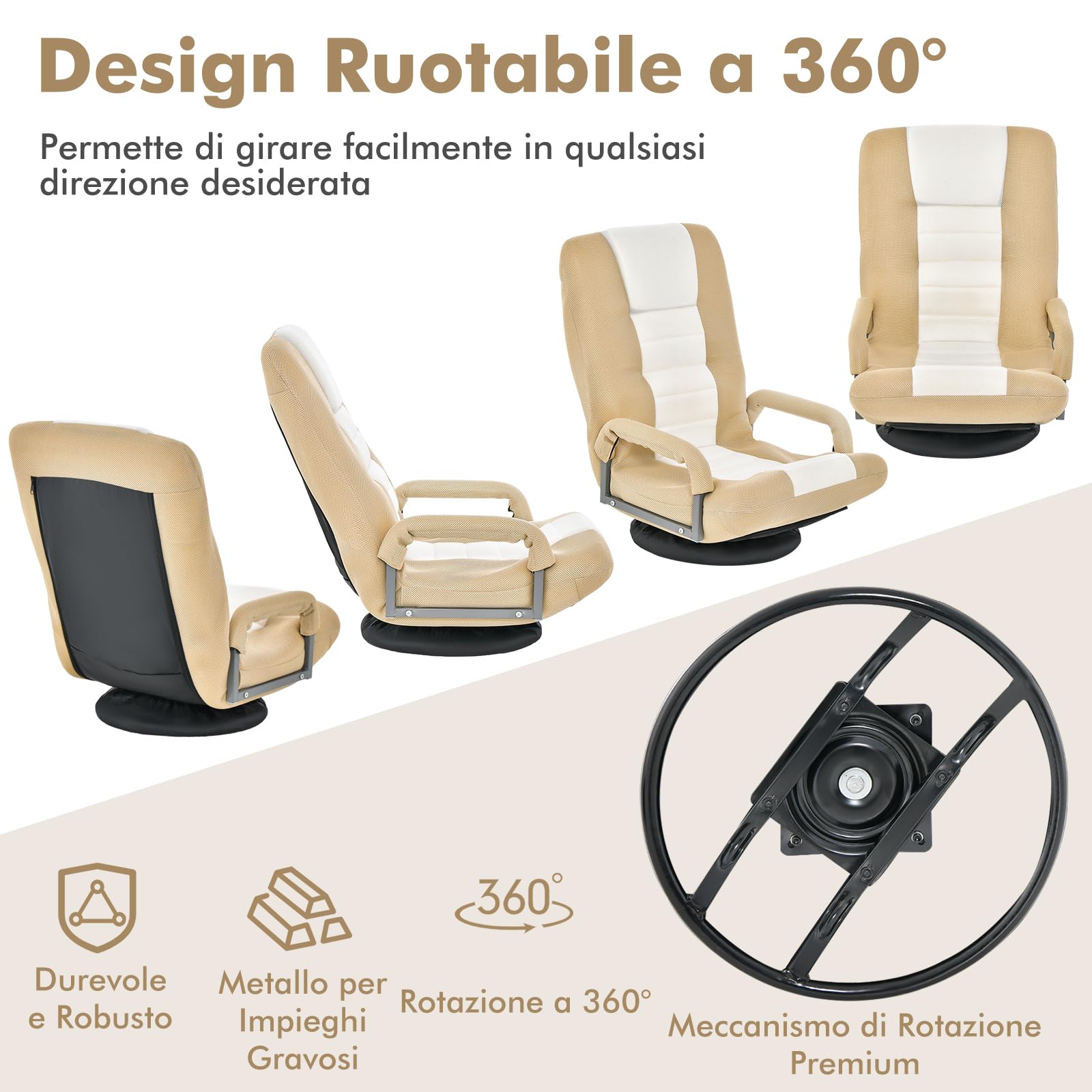COSTWAY Sedia da Pavimento Pighevole, Sedia da Terra con Braccioli, Poltrona da Yoga Portatile e Girevole, Poltrona con Schienale Regolabile a 5+2 Livelli, Portata 150 kg (Marrone chiaro)