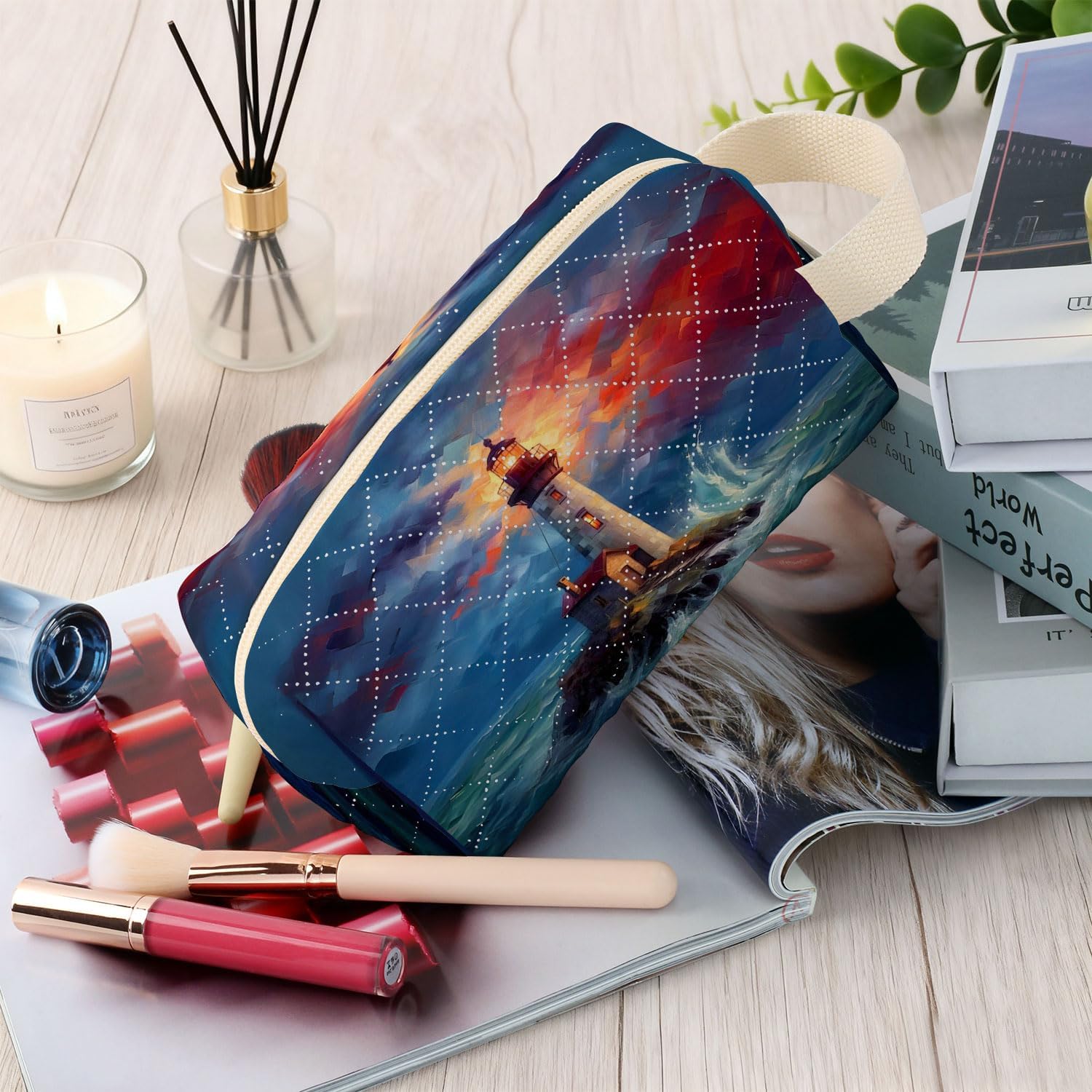Lighthouse In Storm Printed Quilted Makeup Pouch for Women - Velvety Polyester Cosmetic Organizer w/Triple Compartments, Travel & Makeup Brush Holder - Image 5