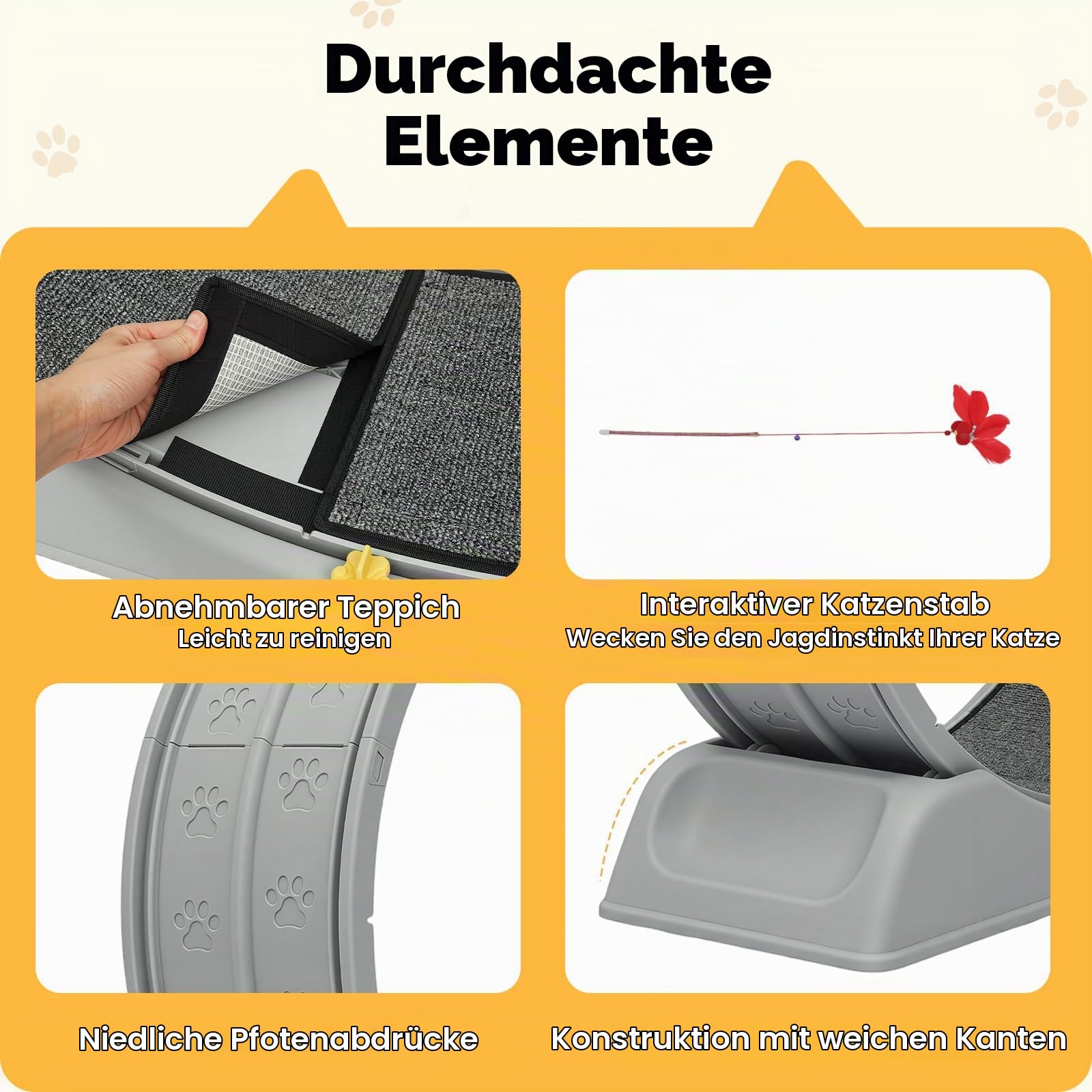 Katzenlaufrad 80cm – Großes Laufrad für Wohnungskatzen, Robuster Fitnessrad mit Sicherheitsschnalle, Teppich & Spielangel – Für alle Katzen bis 10kg (Grau)
