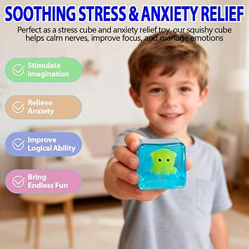 5.5cm 3 Pack Glow Squishy Cube Slow Rising Fidget Toys | Soft TPR, Animal Insert, squeeze toy, calm hands, stress relief, focus support, home, class, travel, kids and adults