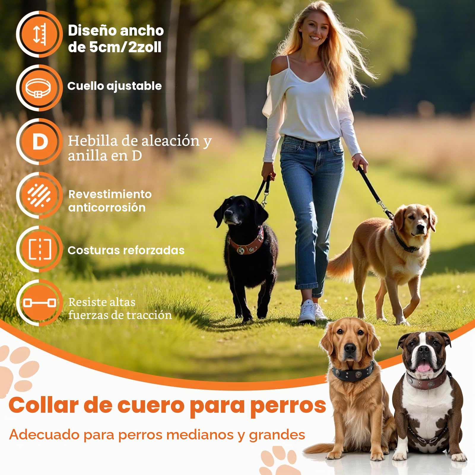 Collar de Cuero para Perros, Collar de Cuero Ancho para Perros de 5cm, Collares de Ajustables con Hebilla metálica, Collar Ancho para Perros de Razas Grandes y Medianas (Talla XL)