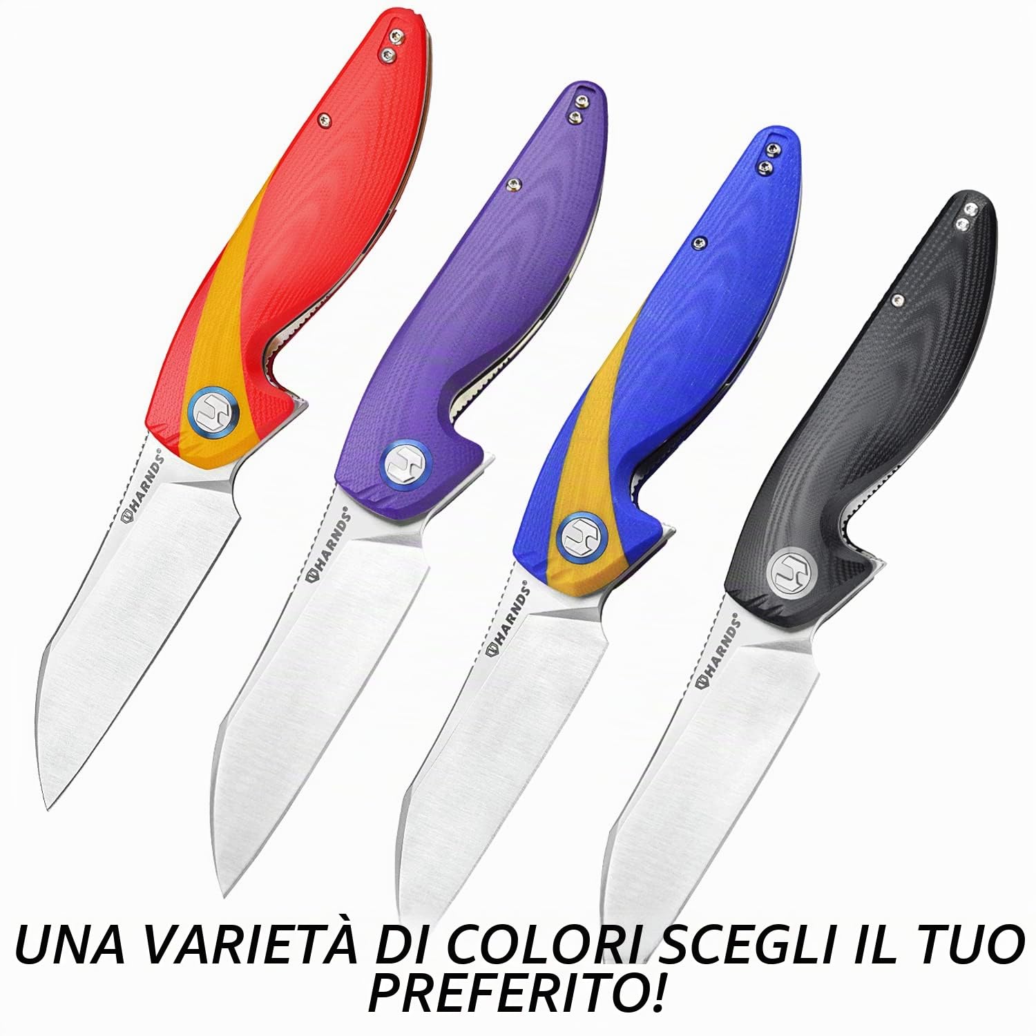 HARNDS Parrot Premium Coltello pieghevole con lama Sandvik 14C28N da 3,58" e manico in G10 con clip, chiusura con liner per l'EDC e il campeggio all'aperto. (Rosso & giallo)