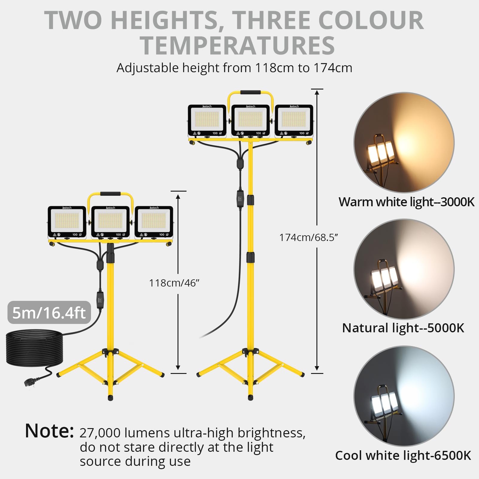 Justech Reflektor budowlany LED ze statywem, reflektor roboczy 28500 lm, 3 x 100 W, 3 temperatury barwowe (3000 K/5000 K/6500 K) IP66, lampa warsztatowa do warsztatu, garażu, na plac budowy, na