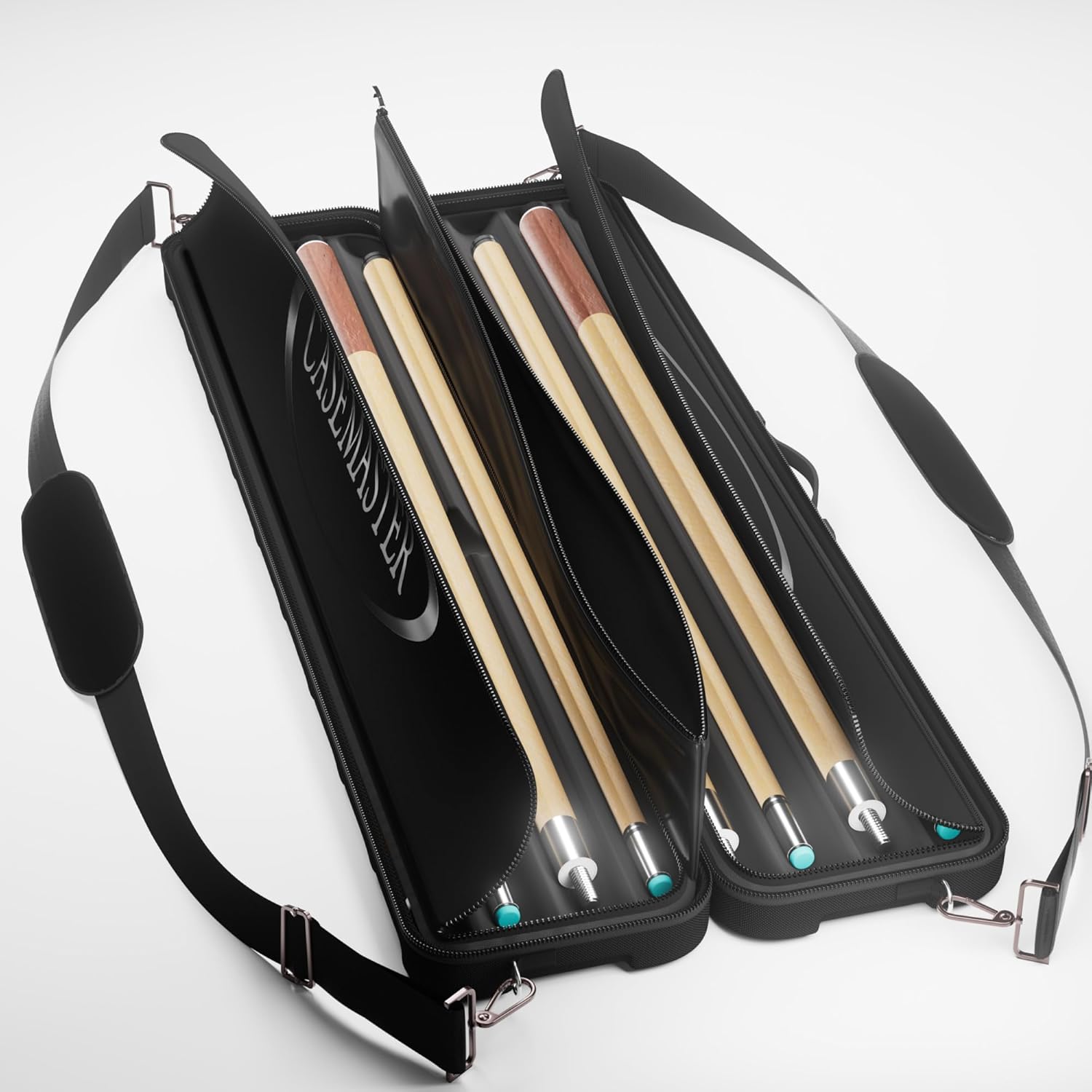 Casemaster Parallax 4x4 Billiard Cue Case, Holds 4 Butts and 4 Shafts, Foam-Padded Interior, 600D Oxford Fabric, Backpack Straps, Black