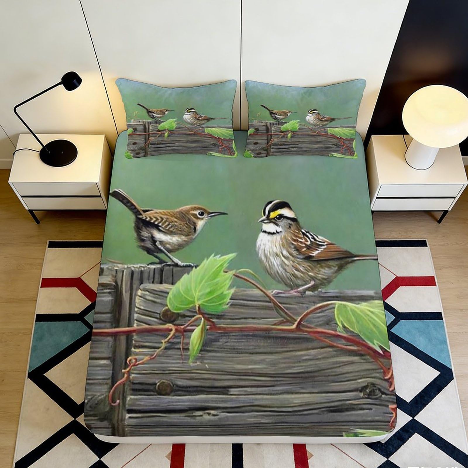3D Printed Bird Branch Fitted Sheet Microfiber Soft Green Nature Mattress Cover for Bedroom Guest Room Decor 90x200x25cm