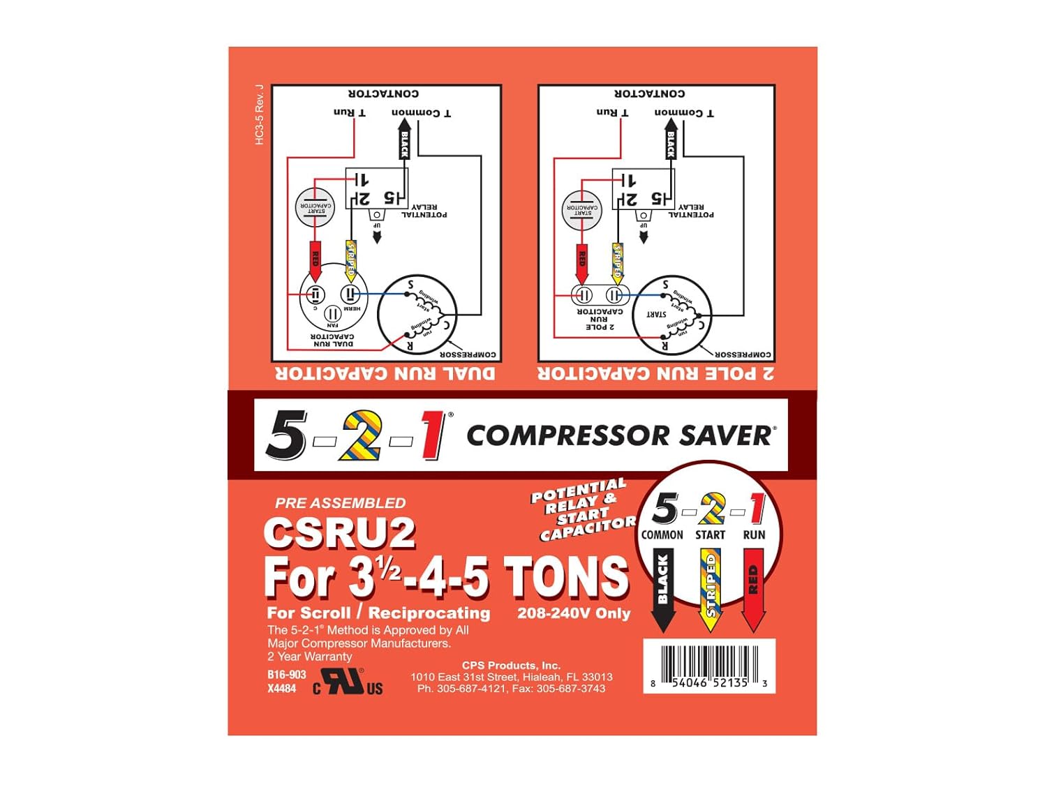 Replacement for 5-2-1 CSRU2 Compressor Saver - Potential Relay & Capacitor, 3-1/2-4-5 Tons