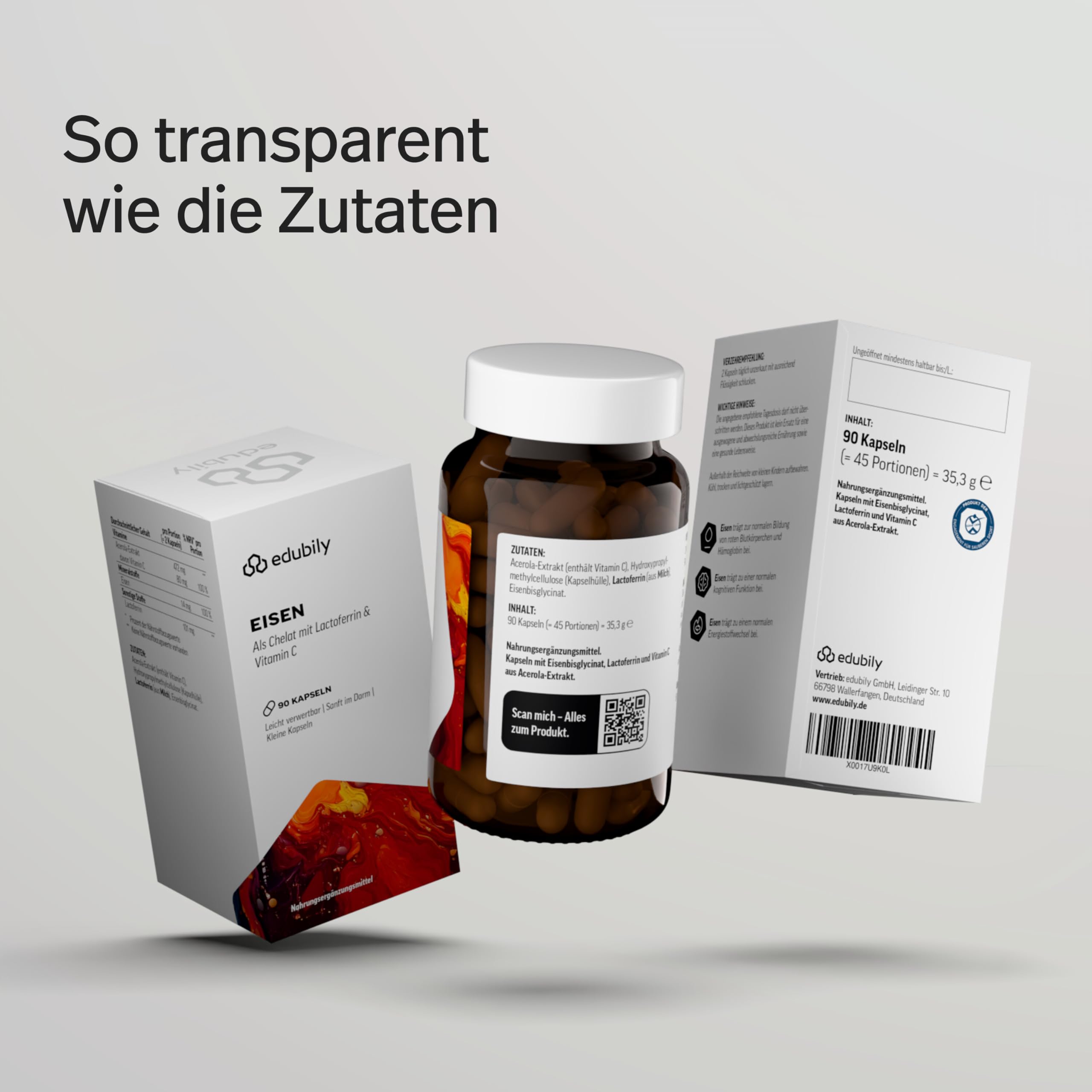 edubily® Eisen mit Lactoferrin - Eisentabletten mit Lactoferrin & Vitamin C aus Acerola-Extrakt - Kleine, leicht zu schluckende Kapseln (90 Kapseln)
