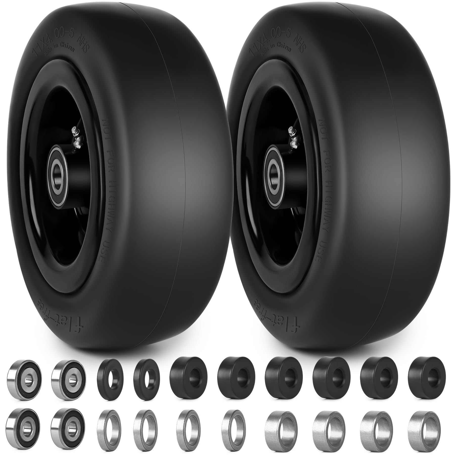 11x4.00-5 flat free lawn mower tires and wheels 3/4" 5/8" 1/2" ball bearings, 3.25"-5.5" centered hub 11x4-5 zero turn mower front tires, smooth wheels for commercial grade lawn