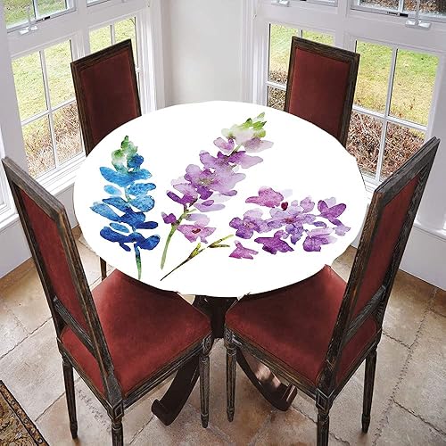 Miniatura 2 de Mantel redondo floral con borde elástico, ramas de flores de acuarela en tonos primaverales, ramo de lavanda y violeta, para mesas de comedor,